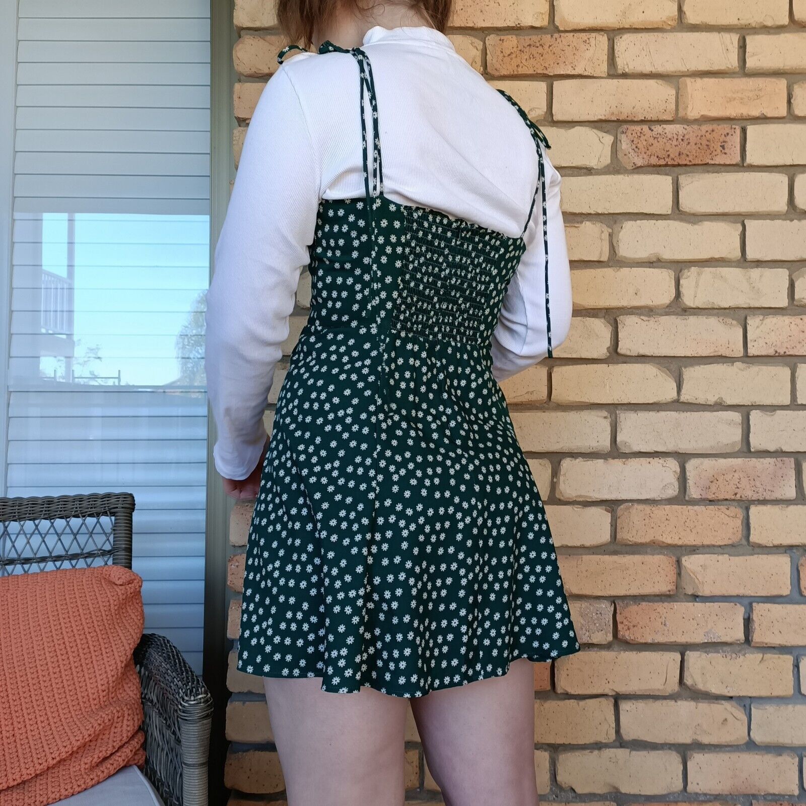 Designer Slide Show Dress Green White Floral Ditsy Mini Shirred Size M / US 6-8 / IT 42-44 - 4 Thumbnail