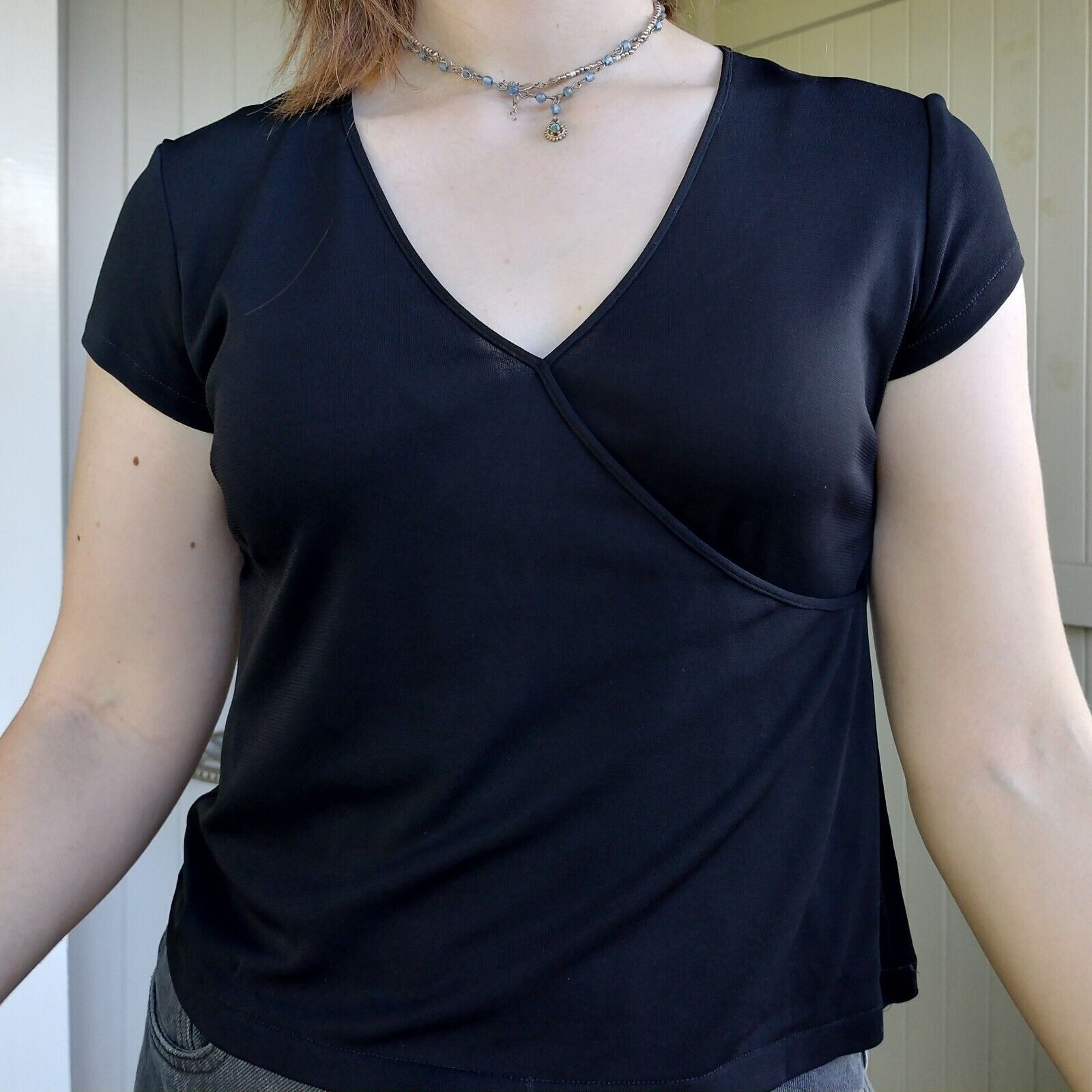 Designer × Man Made In Australia Tengdahl Vintage 90s Top Black Crossover Faux Wrap Size L / US 10 / IT 46 - 5 Thumbnail