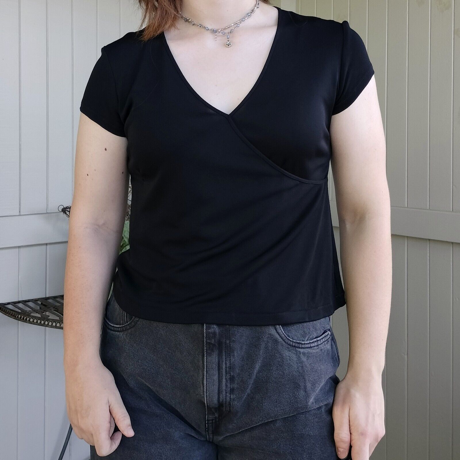 Designer × Man Made In Australia Tengdahl Vintage 90s Top Black Crossover Faux Wrap Size L / US 10 / IT 46 - 3 Thumbnail