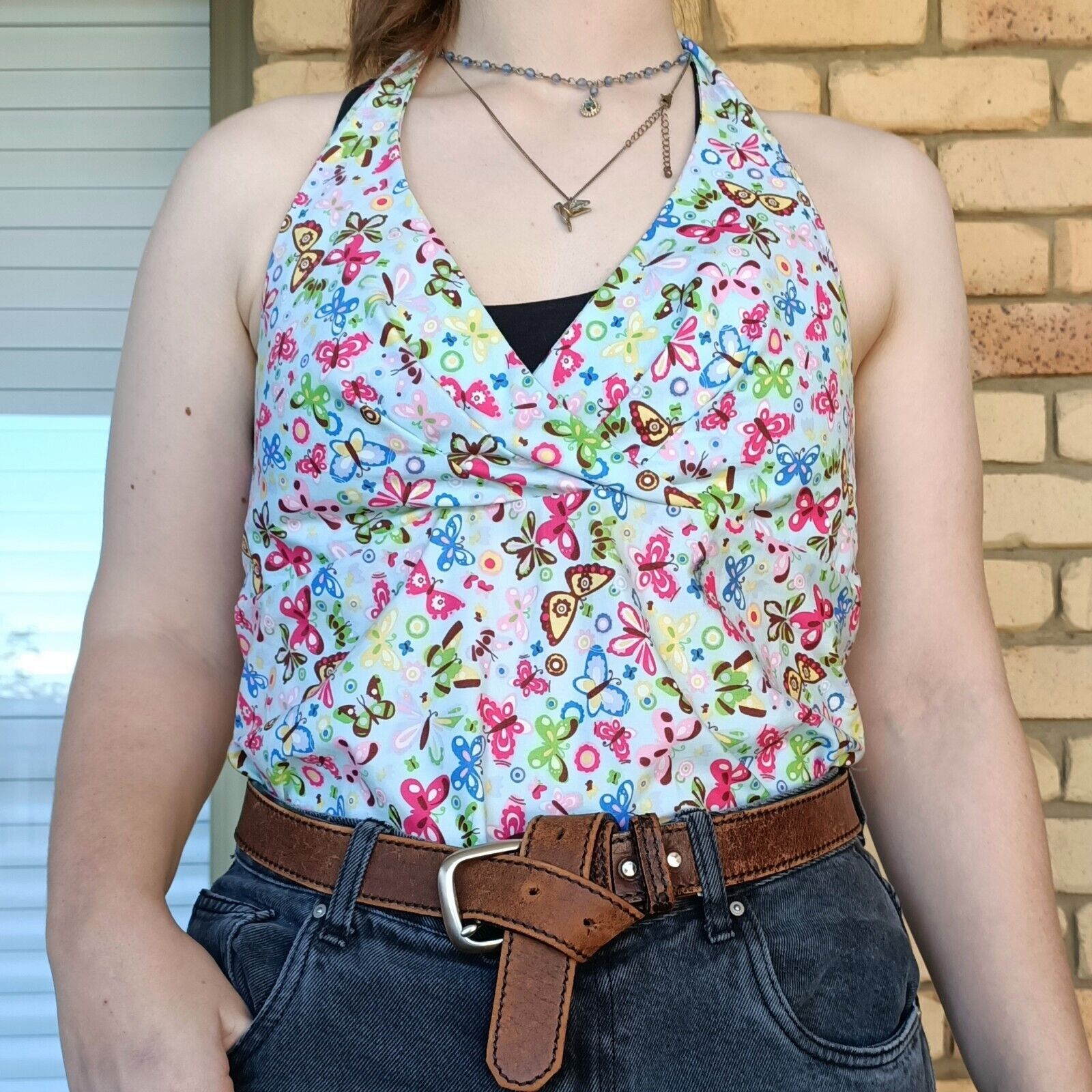 Handmade × Vintage Vintage Y2K Size 10 12 Halter Tank Top Blue Homemade Pleated Size ONE SIZE - 1 Thumbnail