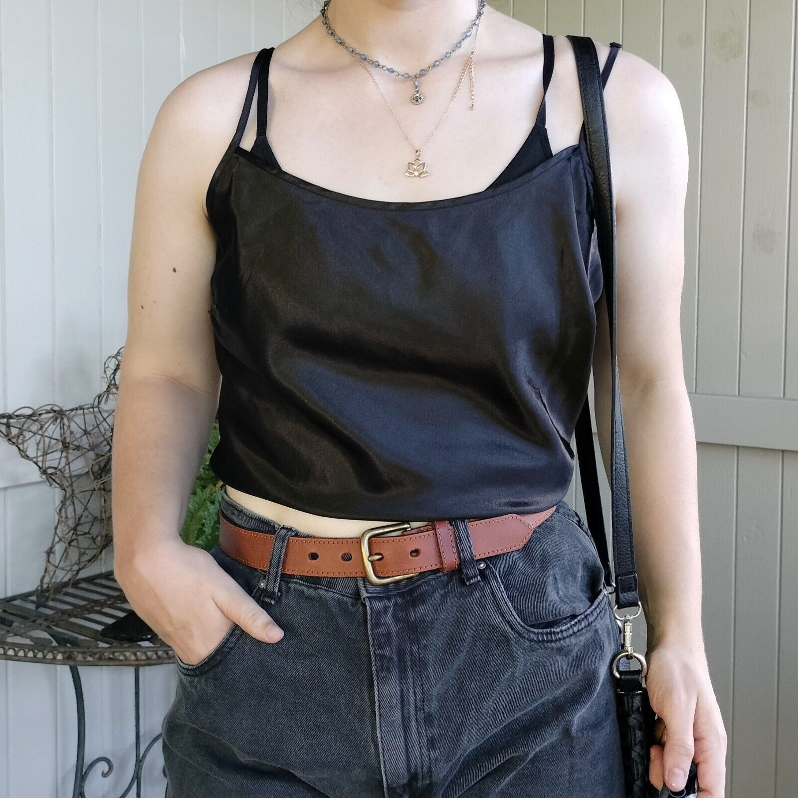 Designer × Vintage Vintage Y2K Top Black Cami Slip Crop Satin Camisole Size XL / US 12-14 / IT 48-50 - 1 Thumbnail