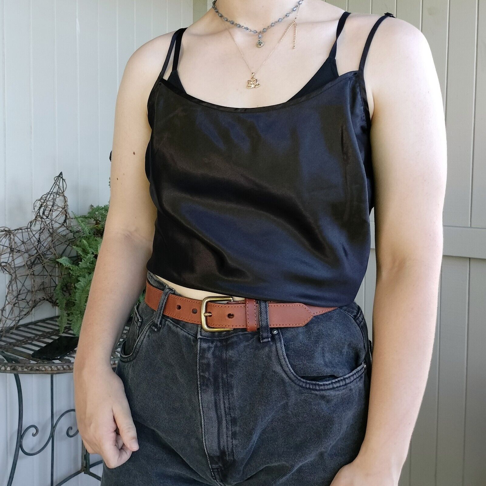 Designer × Vintage Vintage Y2K Top Black Cami Slip Crop Satin Camisole Size XL / US 12-14 / IT 48-50 - 2 Thumbnail