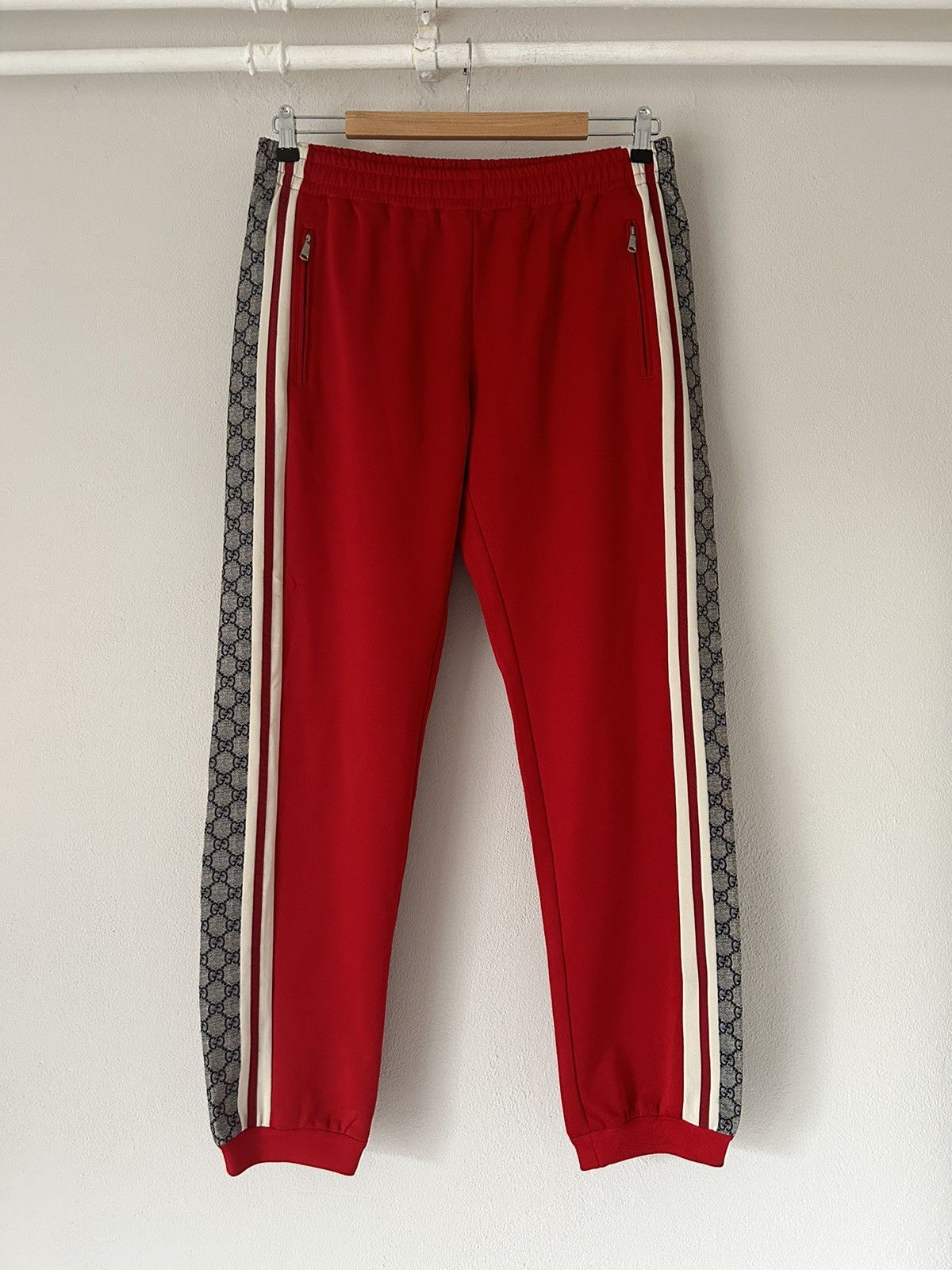 Gucci Mens GG Logo Track Pants Large Grey Monogram Green Red Side Stripe  Joggers