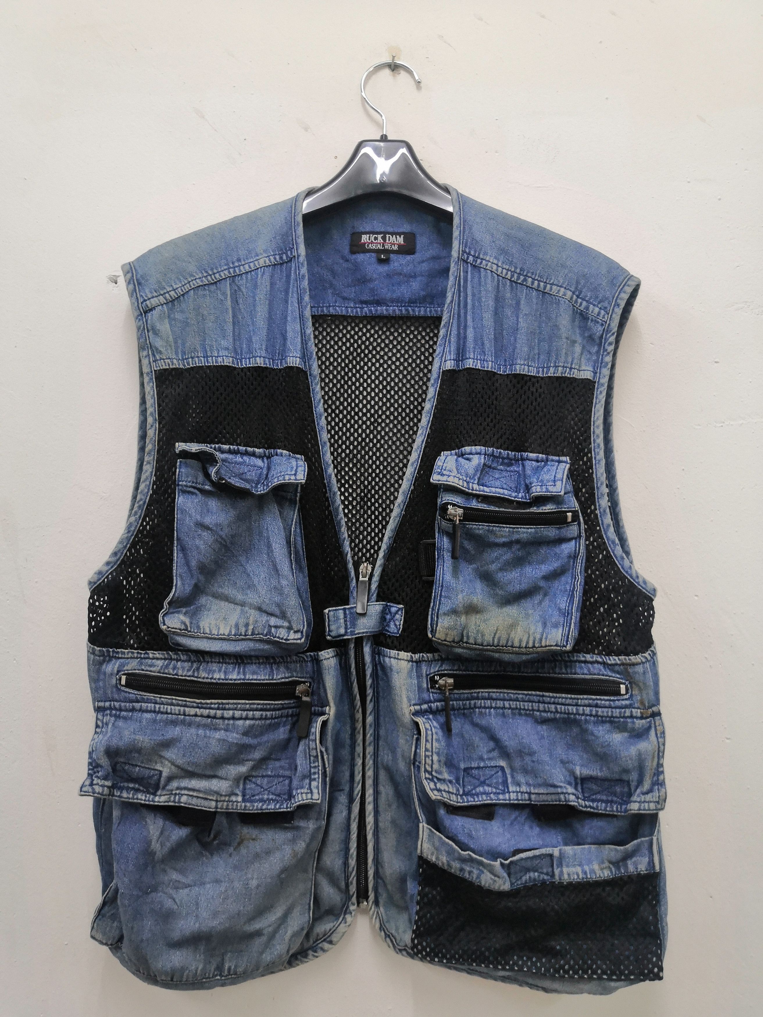 image of Designer Ruck Dam Distressed Denim Cargo Multipocket Vest in Blue, Men's (Size Medium)