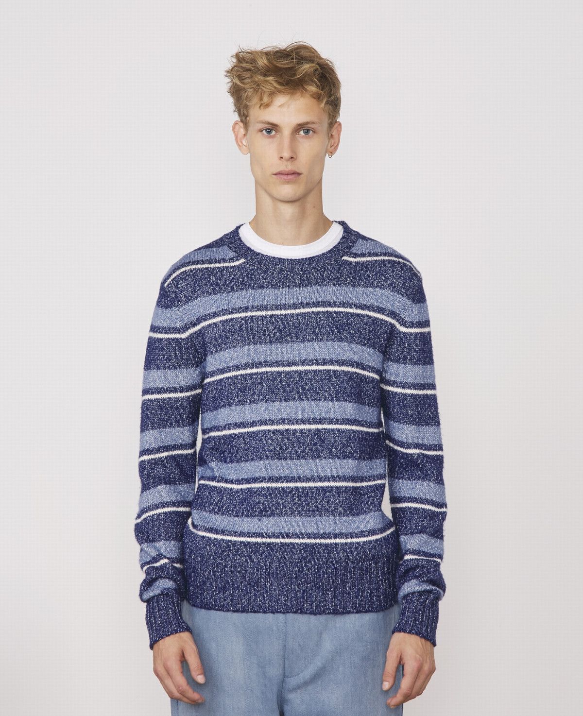 image of Ss22 Officine Generale Marco Htr Striped Sweater L in Blue, Men's (Size Large)