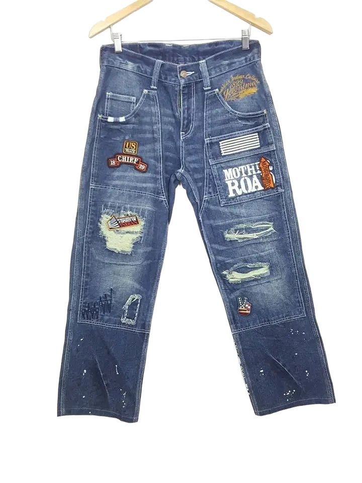 Patchwork Distressed Rugged Denim Jeans
