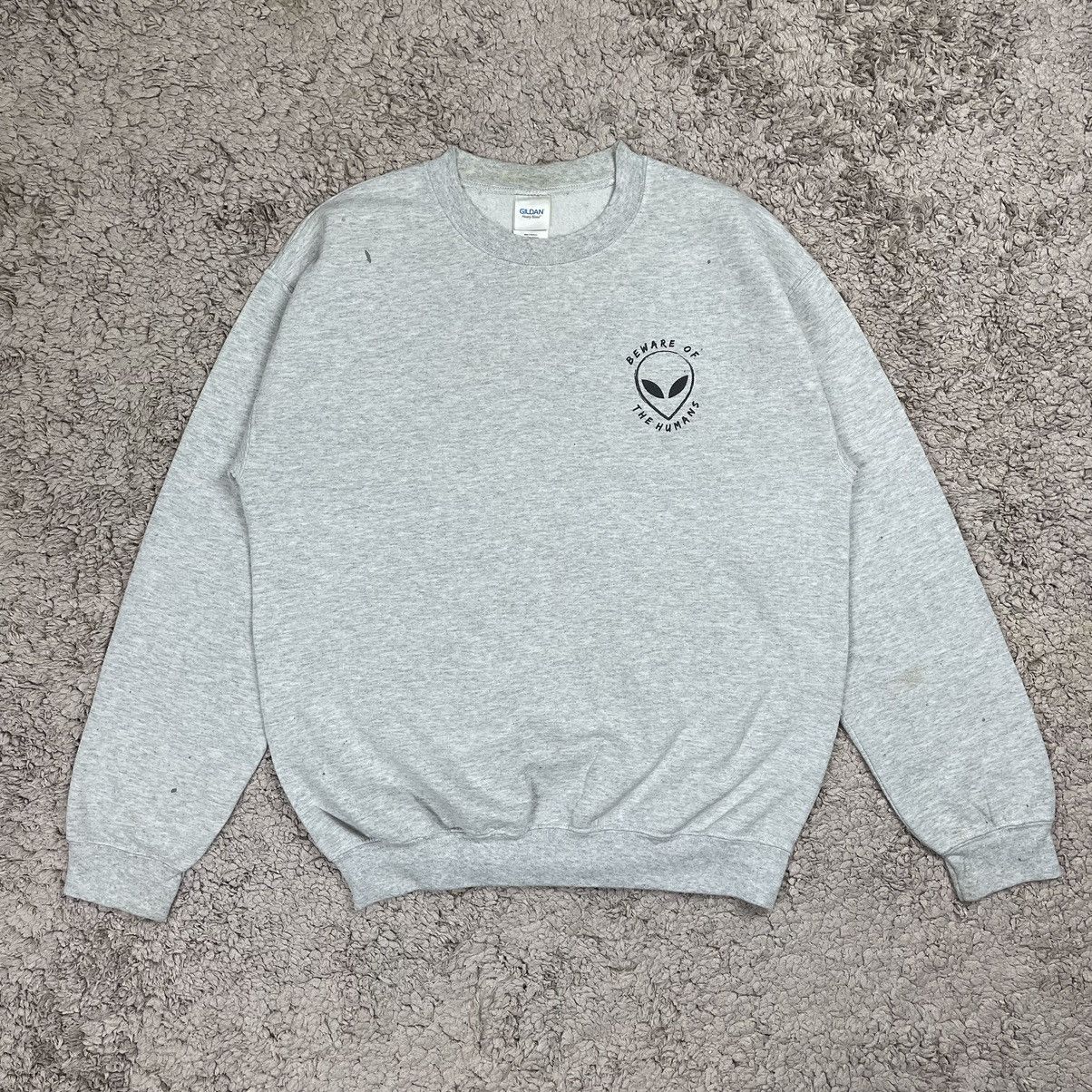 image of Alien Workshop x Gildan Vintage Alien Beware Of The Human Sweatshirt in Grey, Men's (Size Medium)