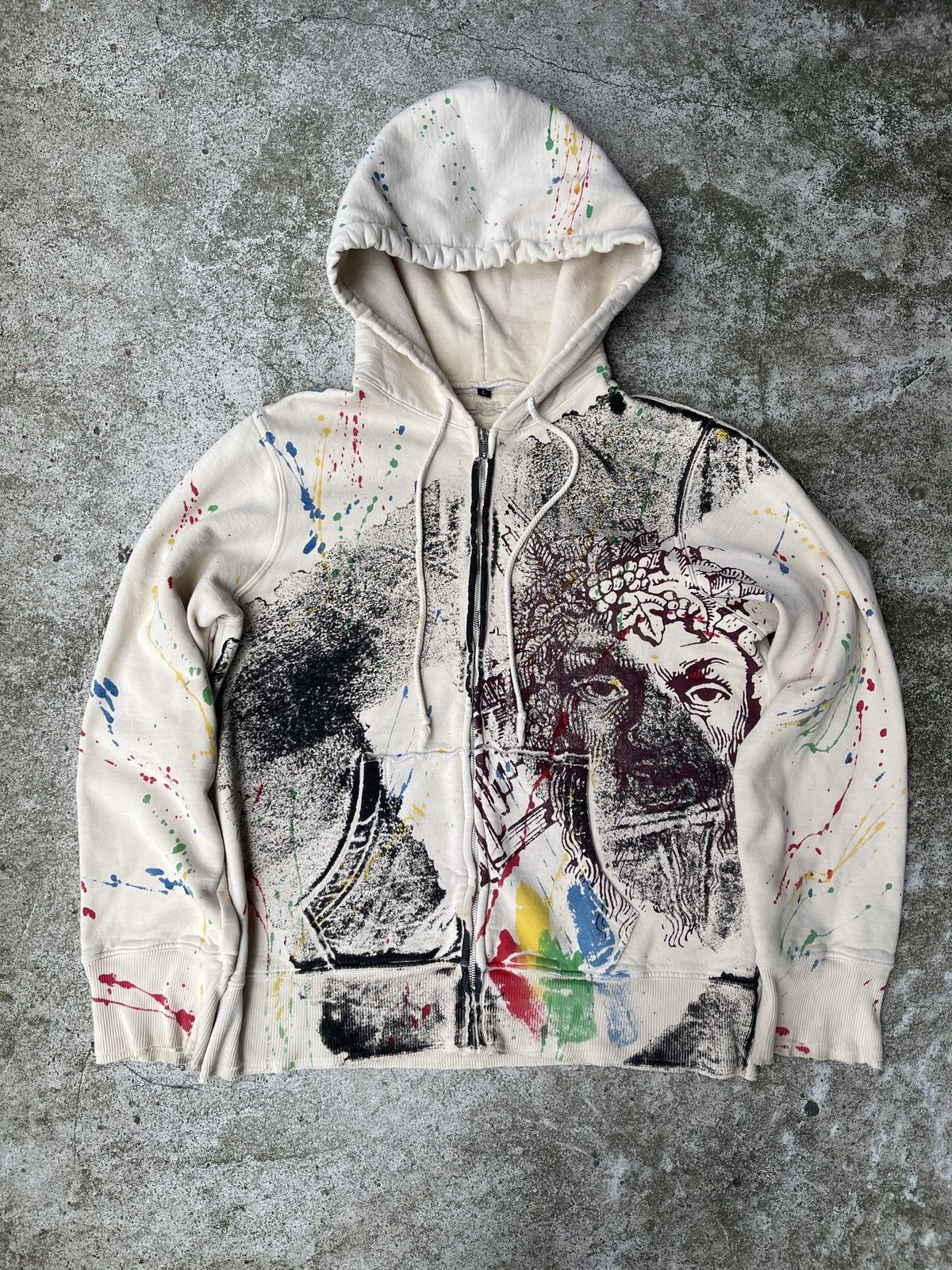image of Affliction x Vintage Y2K La Air Line Hand Printed Zip Up Hoodie in Beige, Men's (Size Large)