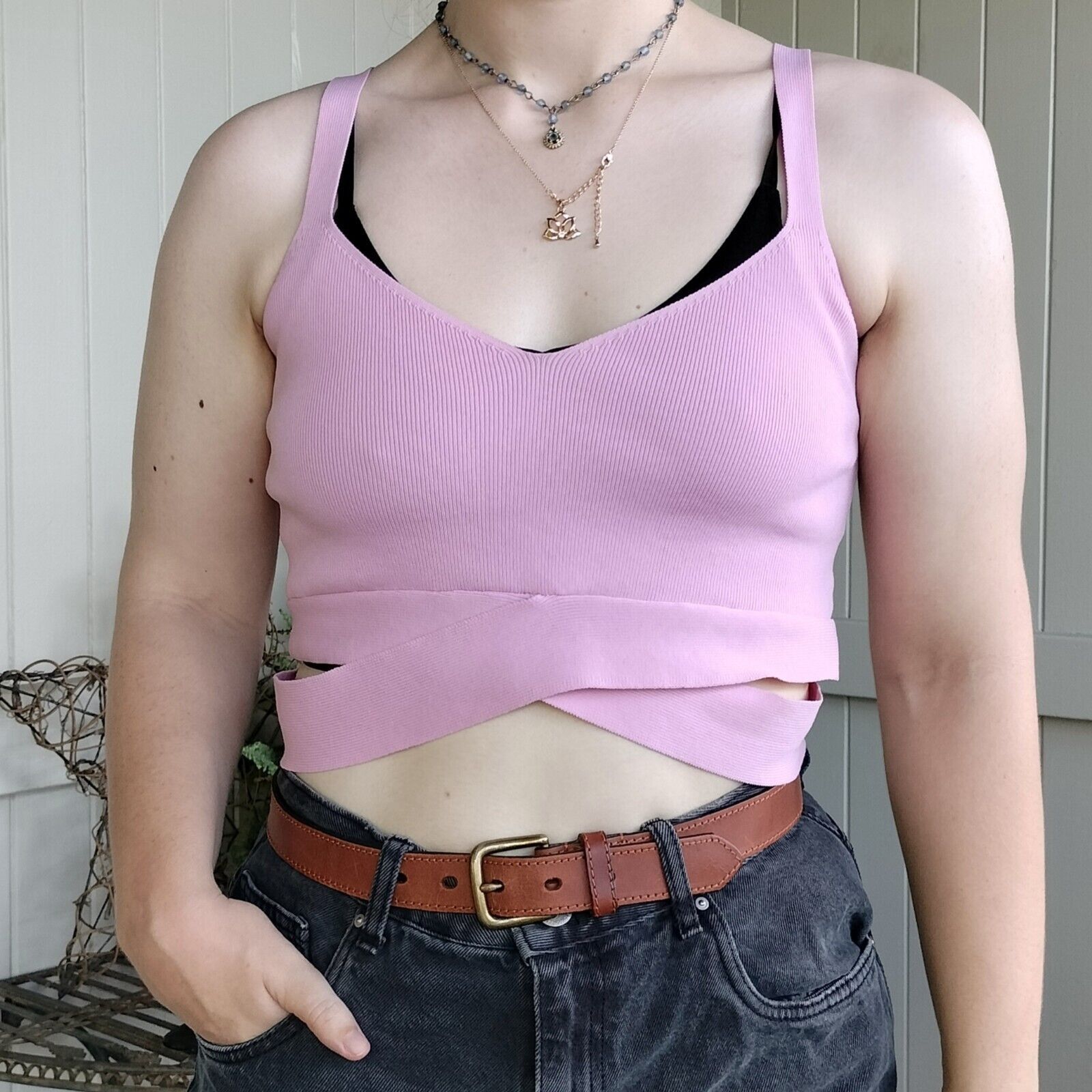 Designer Factorie Top Pink Crop Knit Rib Crossover Criss Cross Size L / US 10 / IT 46 - 1 Thumbnail