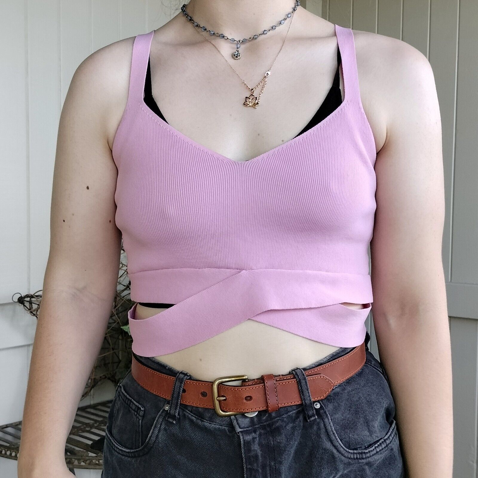 Designer Factorie Top Pink Crop Knit Rib Crossover Criss Cross Size L / US 10 / IT 46 - 2 Thumbnail
