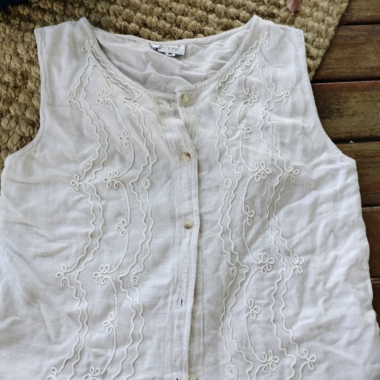 Vintage Vintage 80s Top Tank Beige Linen Button Up Flax Embroidered Size M / US 6-8 / IT 42-44 - 8 Thumbnail
