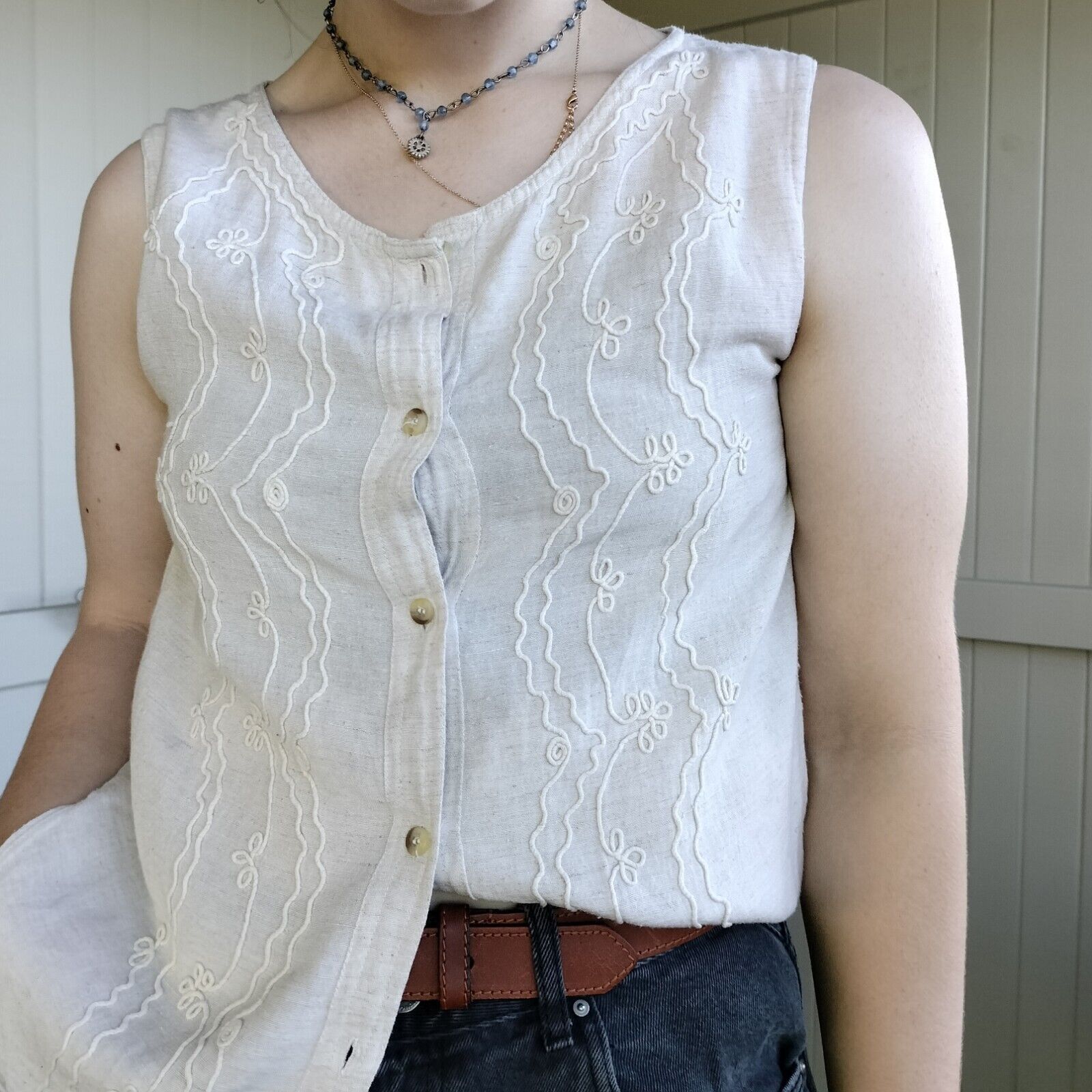 Vintage Vintage 80s Top Tank Beige Linen Button Up Flax Embroidered Size M / US 6-8 / IT 42-44 - 5 Thumbnail