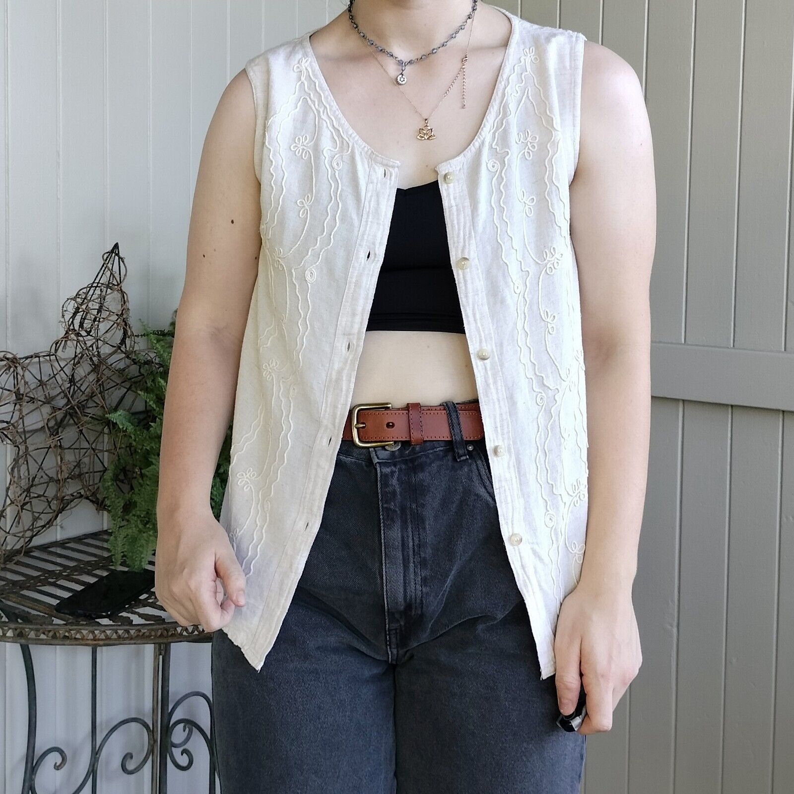 Vintage Vintage 80s Top Tank Beige Linen Button Up Flax Embroidered Size M / US 6-8 / IT 42-44 - 3 Thumbnail