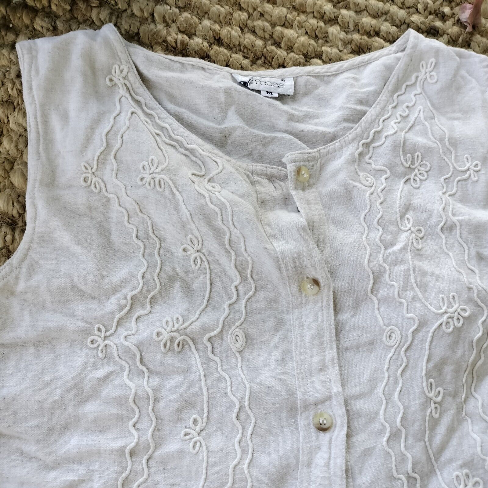 Vintage Vintage 80s Top Tank Beige Linen Button Up Flax Embroidered Size M / US 6-8 / IT 42-44 - 7 Thumbnail