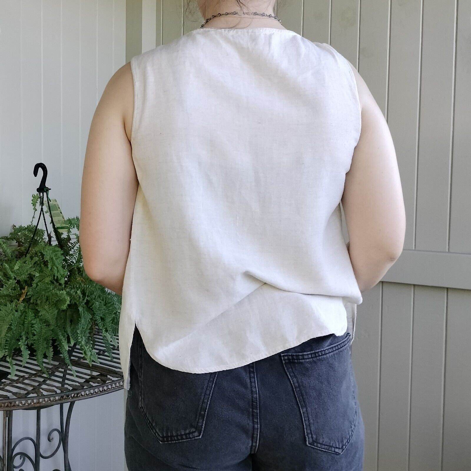 Vintage Vintage 80s Top Tank Beige Linen Button Up Flax Embroidered Size M / US 6-8 / IT 42-44 - 6 Thumbnail