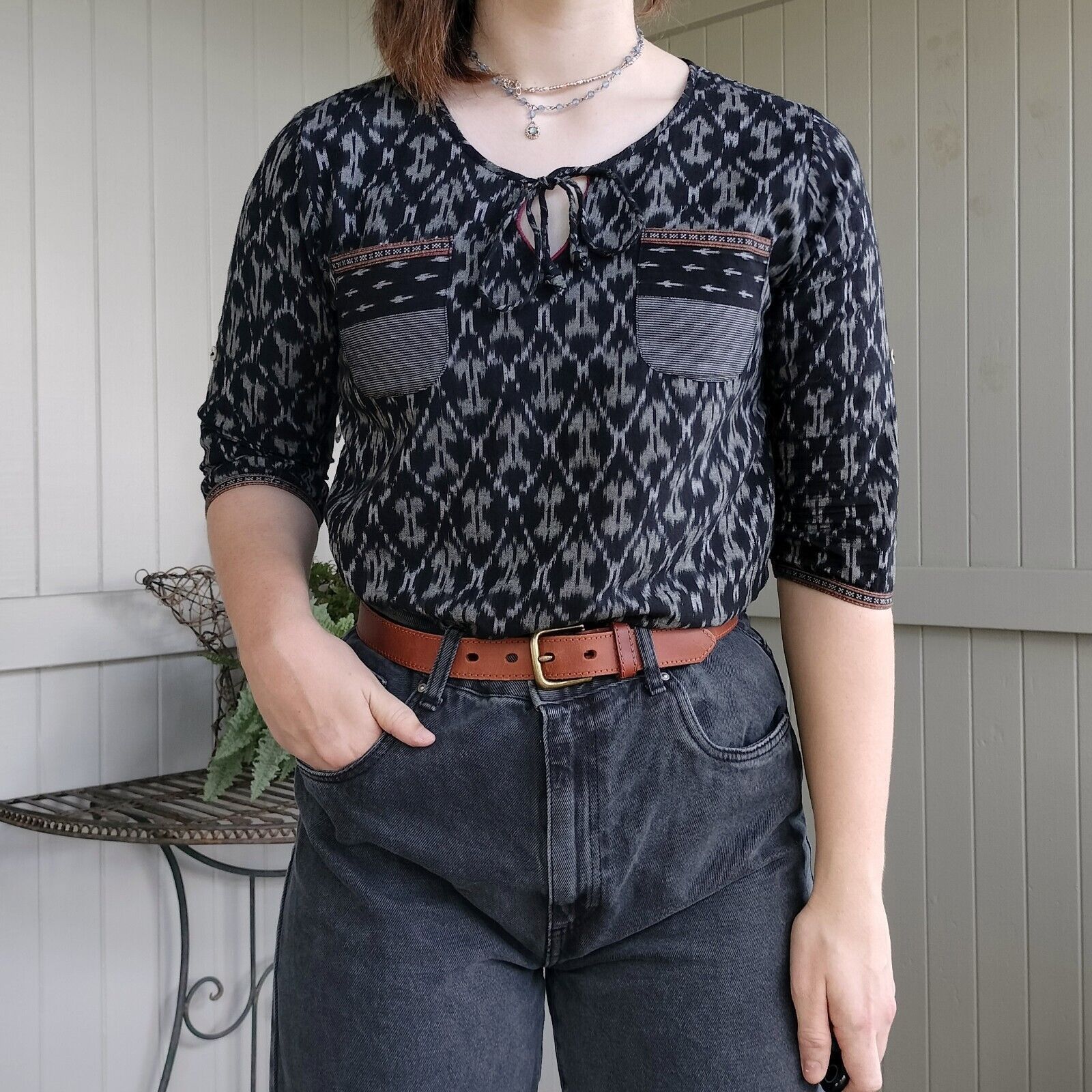 Designer Bombay Paisley Size 10 12 Top Blouse Black Grey Short Sleeve Size M / US 6-8 / IT 42-44 - 1 Thumbnail