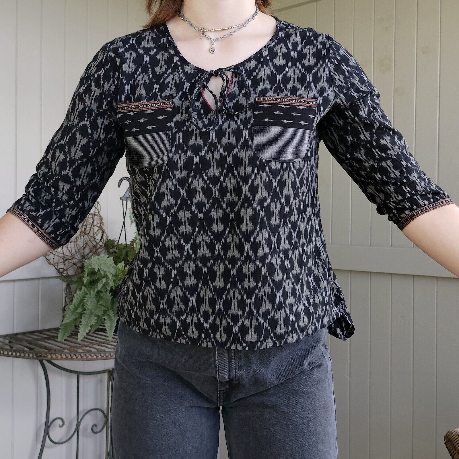 Designer Bombay Paisley Size 10 12 Top Blouse Black Grey Short Sleeve Size M / US 6-8 / IT 42-44 - 3 Thumbnail