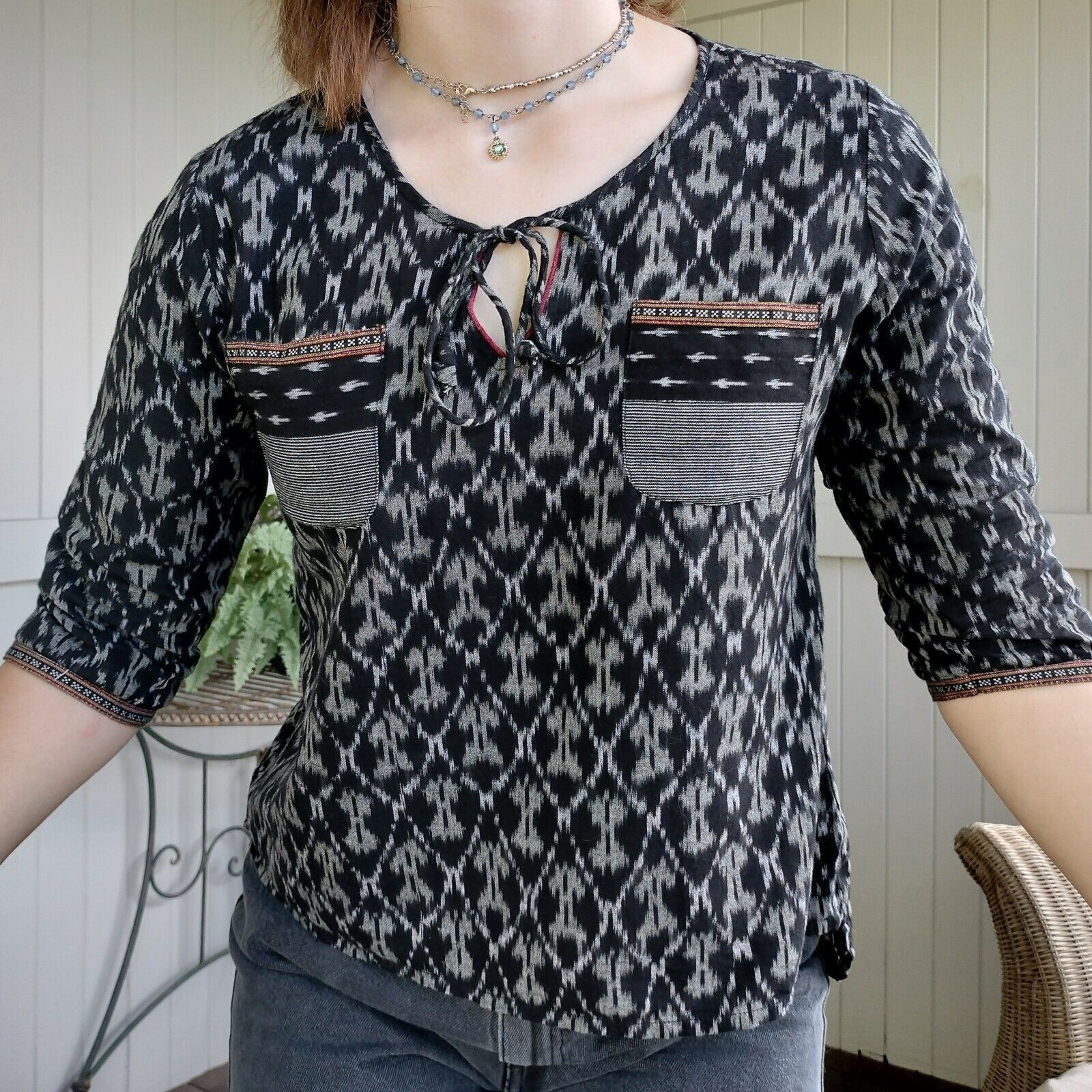 Designer Bombay Paisley Size 10 12 Top Blouse Black Grey Short Sleeve Size M / US 6-8 / IT 42-44 - 4 Thumbnail