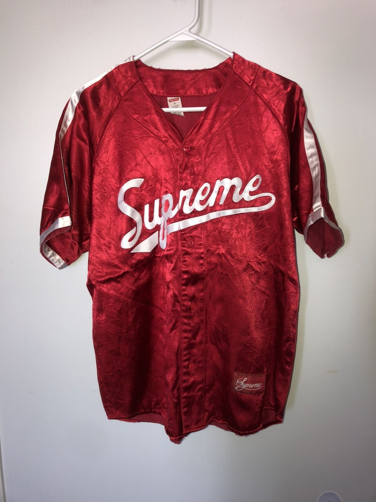 Supreme Satin Baseball Jersey White/Red  Supreme shirt, Baseball jerseys,  Casual shirts