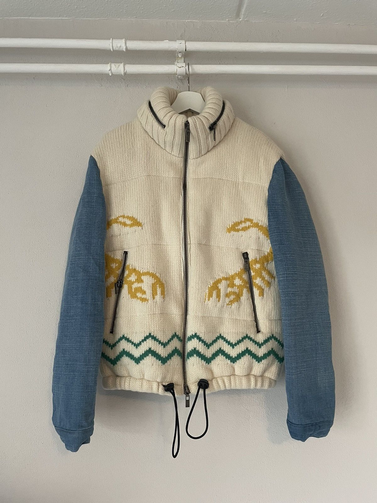 image of Alexander Mcqueen Scorpion And Bull Wool Knit/denim Hybrid Jacket With Bull in White (Size Medium)