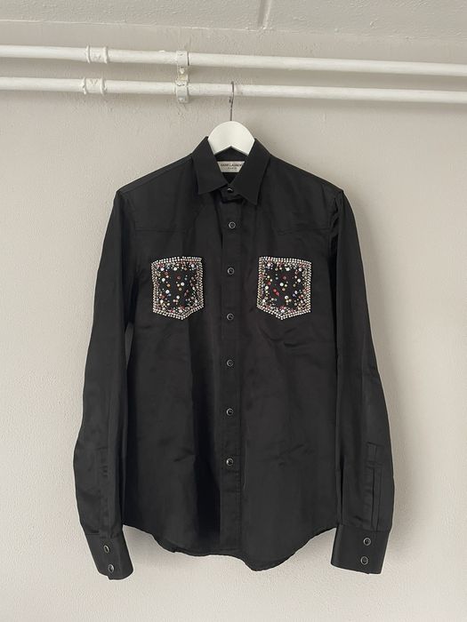 Saint Laurent Paris SS16 Sample Black Viscose Shirt with Studded