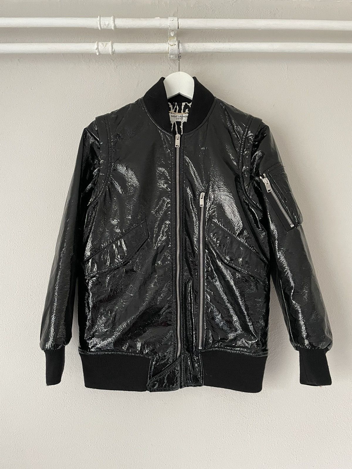 Saint Laurent Paris FW15 Sample Black Vinyl Bomber w/ Detachable Sleeves Size US S / EU 44-46 / 1 - 1 Thumbnail