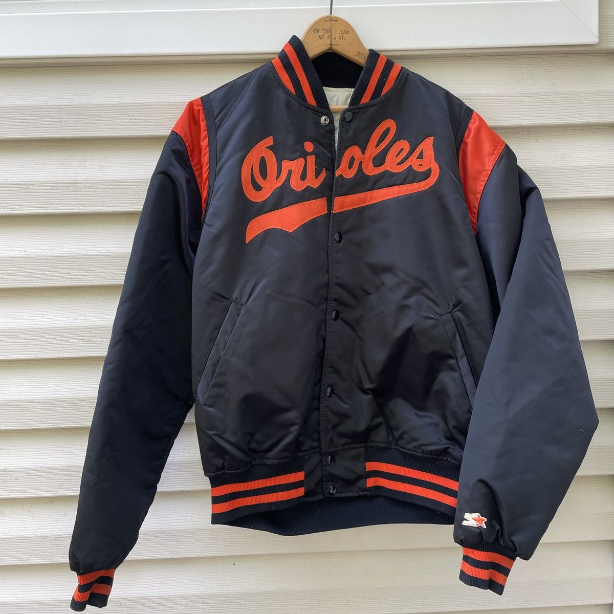 image of Made In USA x Starter 80's Baltimore Orioles Starter Satan Bomber in Black, Men's (Size XL)