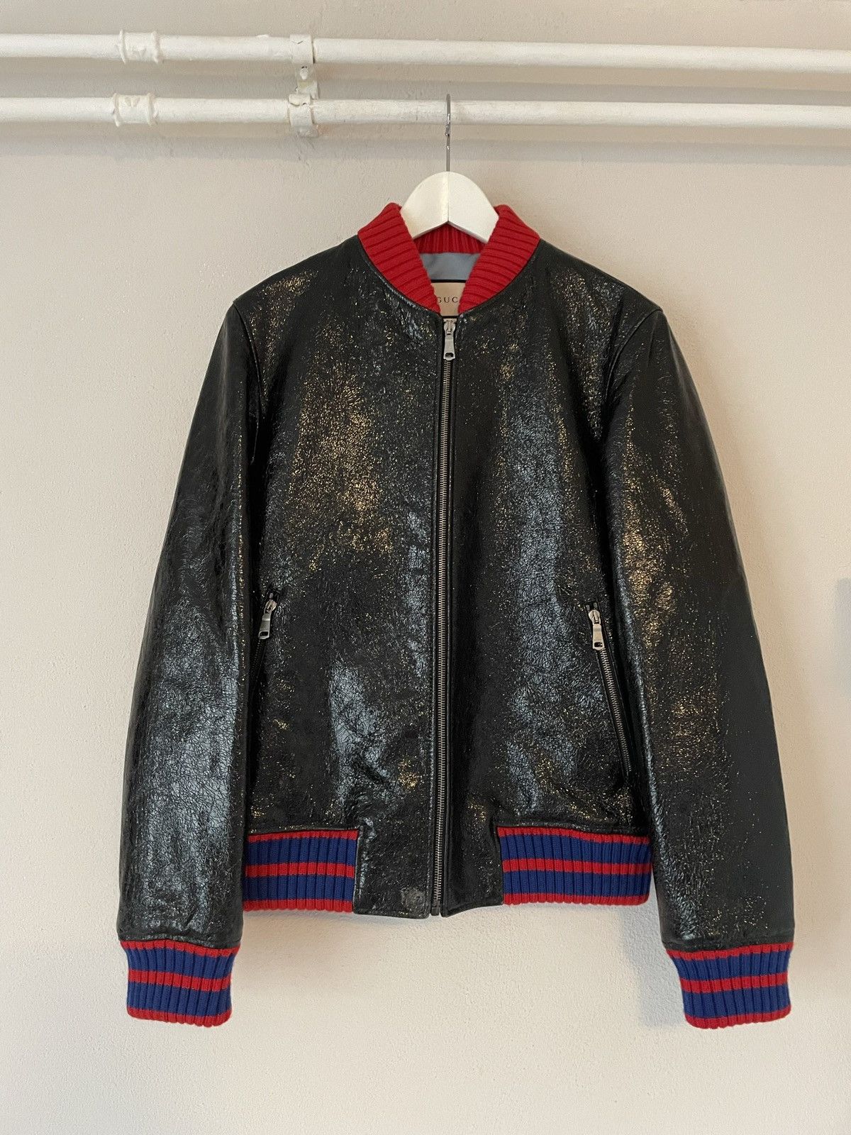 Pre-owned Gucci ‘biddenden Road' Crackled Goat Leather Bomber Jacket In Black