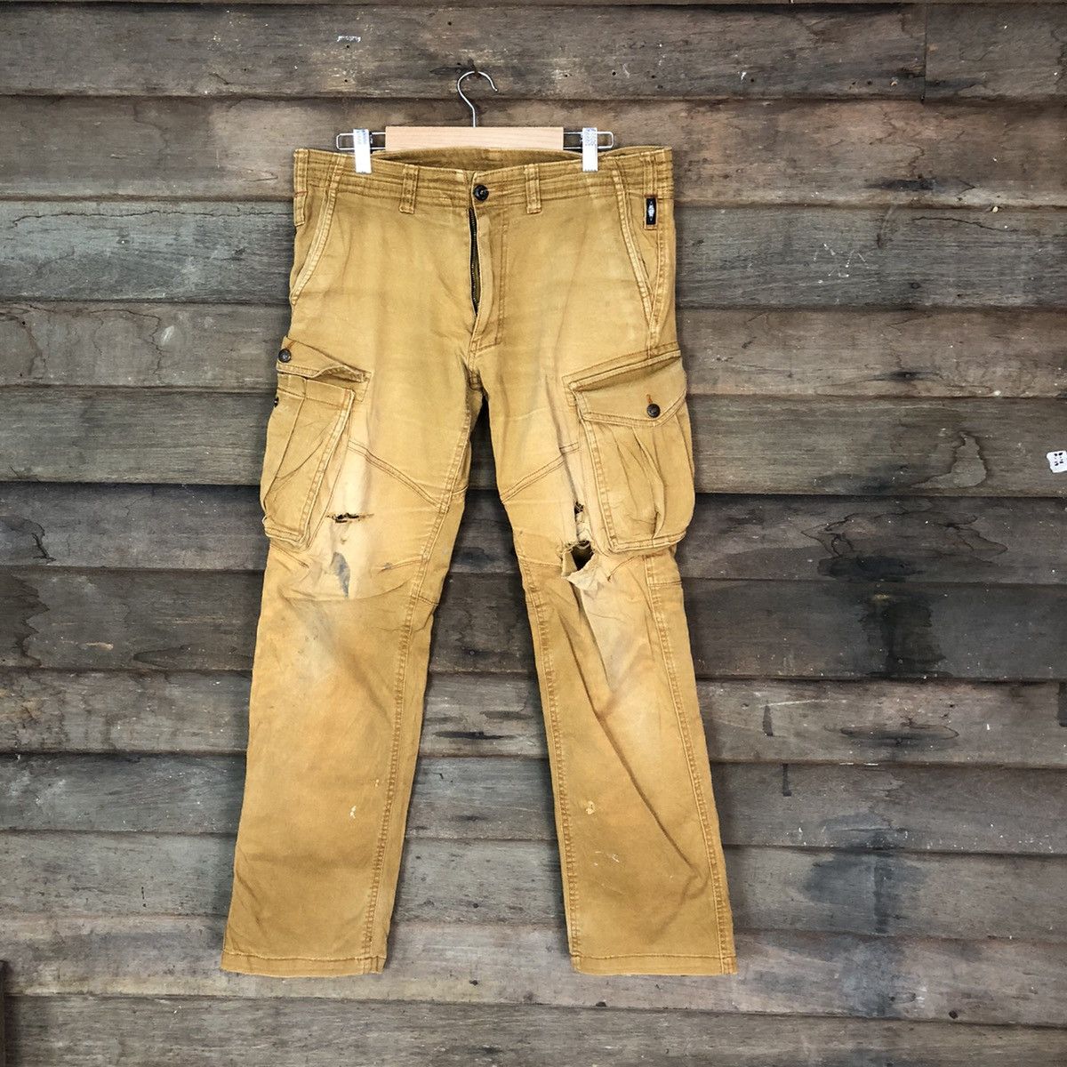 image of Distressed Denim Genba Multi Pocket Distressed Utility Cargo Pants 7056 in Brown, Men's (Size 32)
