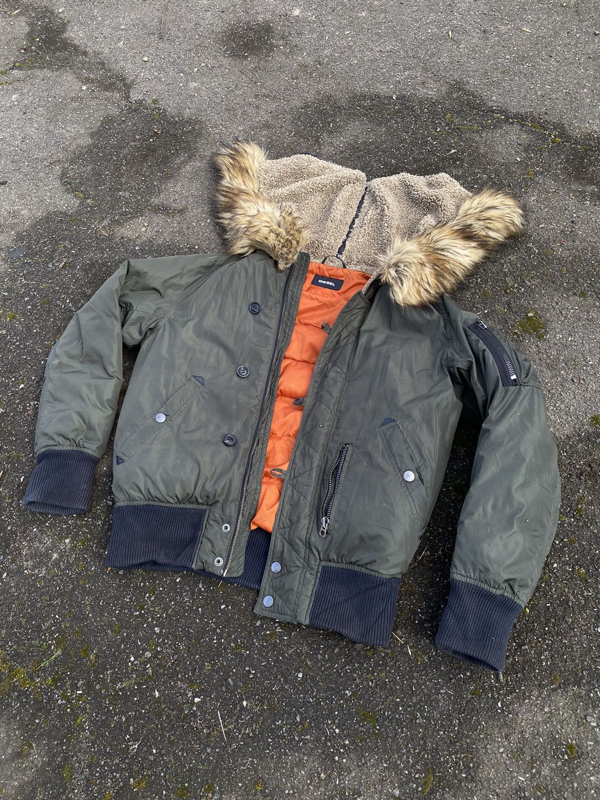 image of Avant Garde x Diesel Y2K Diesel Khaki Vintage Fur Bomber Avia Jacket Hood, Men's (Size Medium)