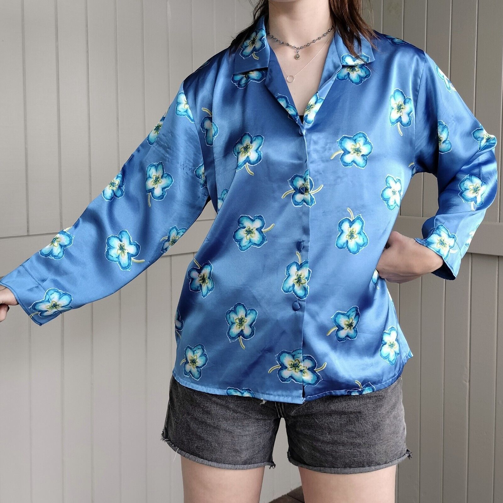Man Made In Australia Vintage 80s Top Blouse Floral Satin Button Up Pyjamas Size L / US 10 / IT 46 - 3 Thumbnail
