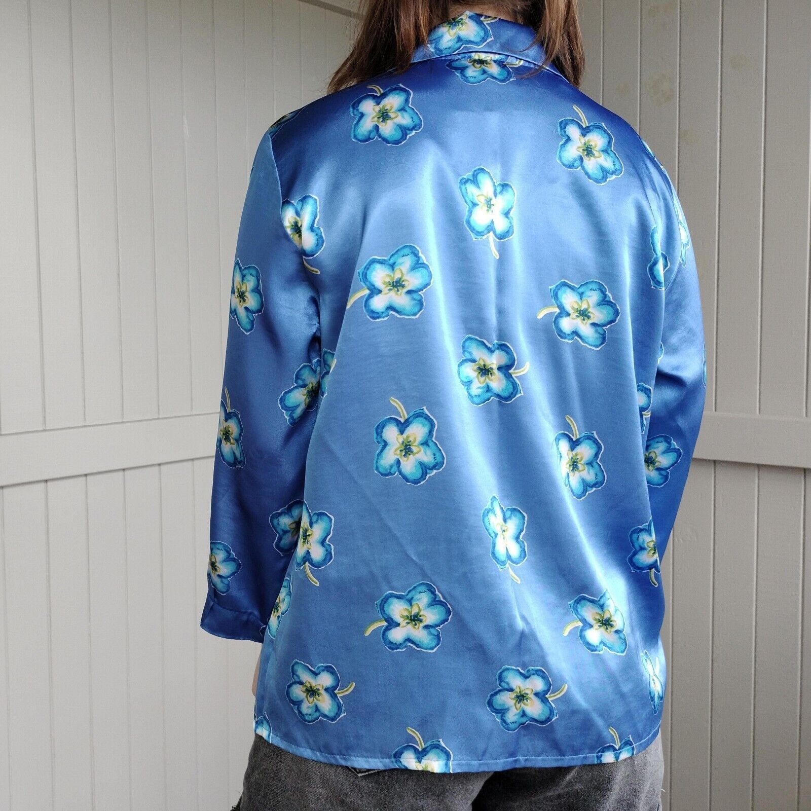 Man Made In Australia Vintage 80s Top Blouse Floral Satin Button Up Pyjamas Size L / US 10 / IT 46 - 4 Thumbnail