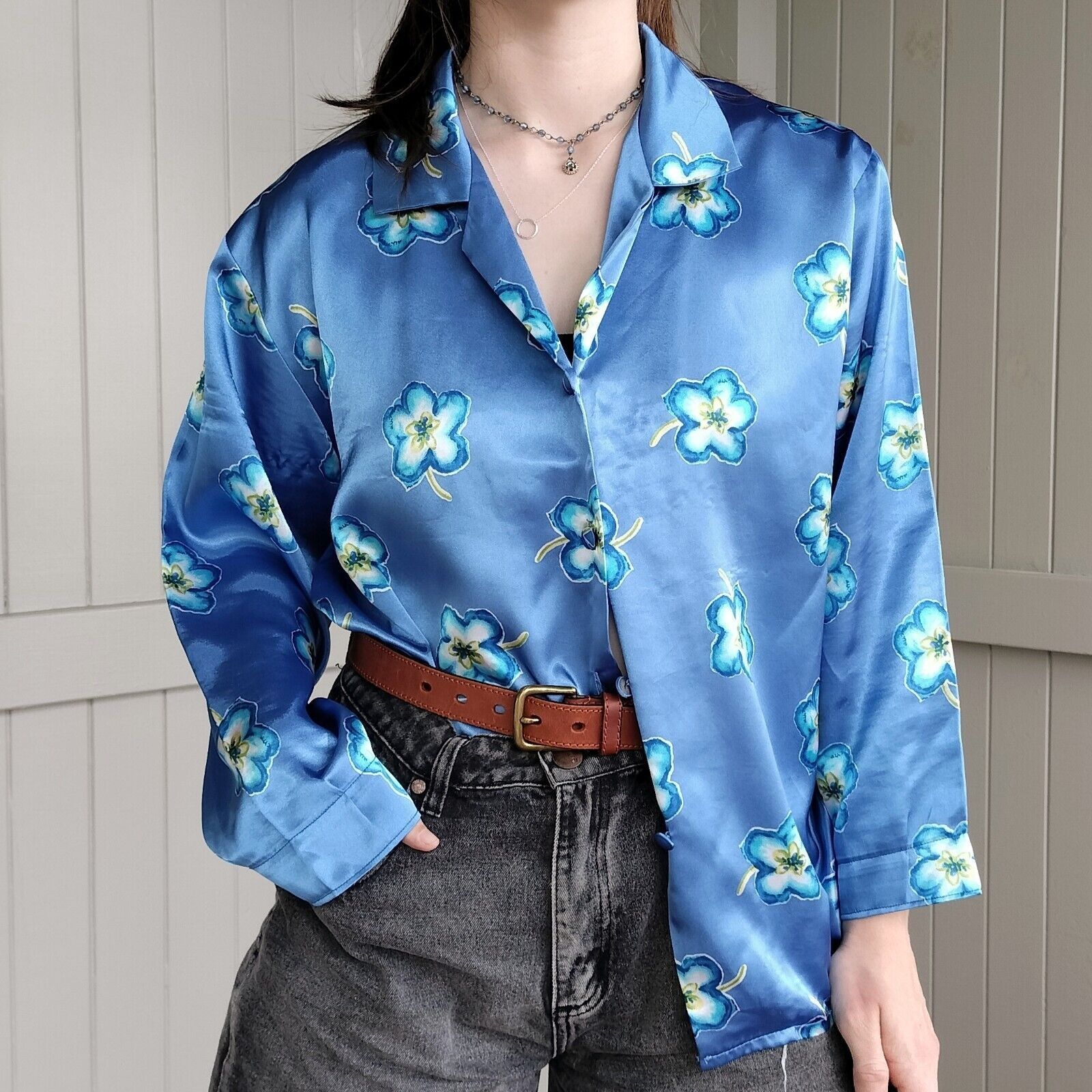 Man Made In Australia Vintage 80s Top Blouse Floral Satin Button Up Pyjamas Size L / US 10 / IT 46 - 1 Thumbnail