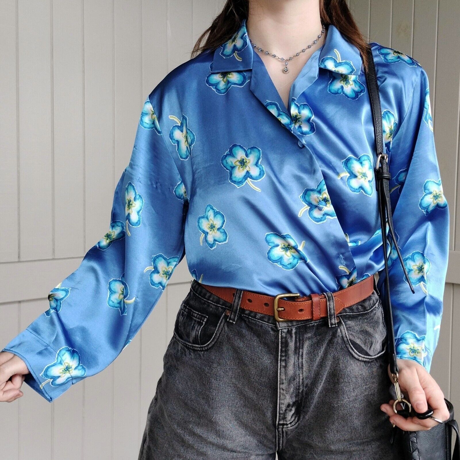 Man Made In Australia Vintage 80s Top Blouse Floral Satin Button Up Pyjamas Size L / US 10 / IT 46 - 2 Thumbnail