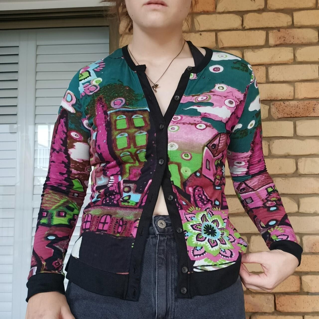 Designer Vintage Y2K Orientique Cardigan Pink Floral Knit Button Up Size M / US 6-8 / IT 42-44 - 2 Thumbnail