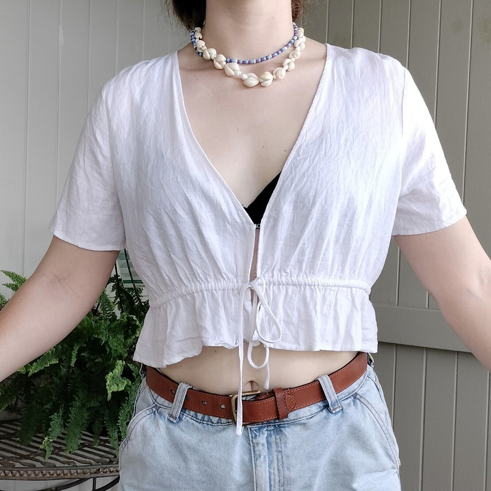 Other Glassons Top White Short Sleeve Crop Linen Gauze Festival Size M / US 6-8 / IT 42-44 - 2 Thumbnail
