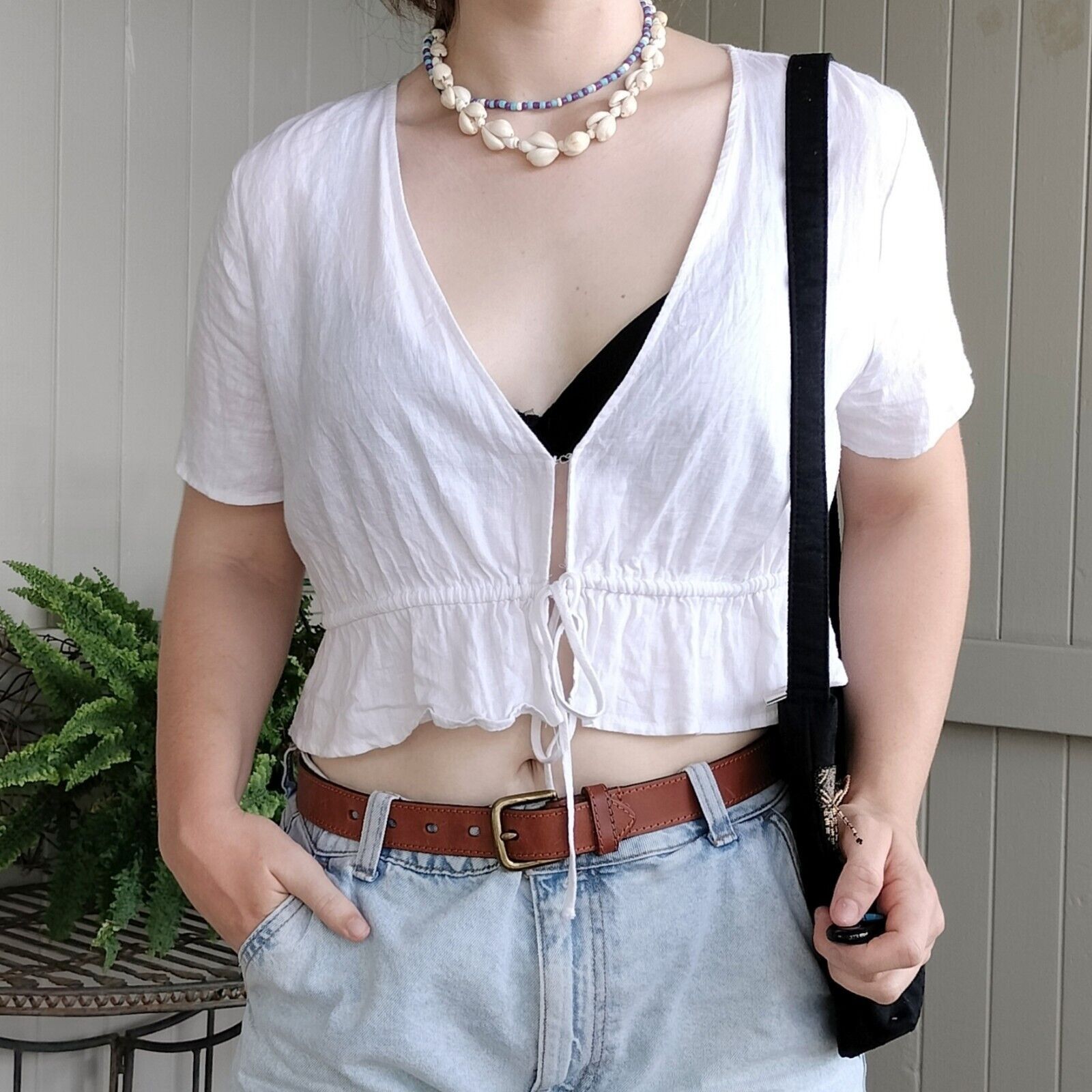 Other Glassons Top White Short Sleeve Crop Linen Gauze Festival Size M / US 6-8 / IT 42-44 - 1 Thumbnail