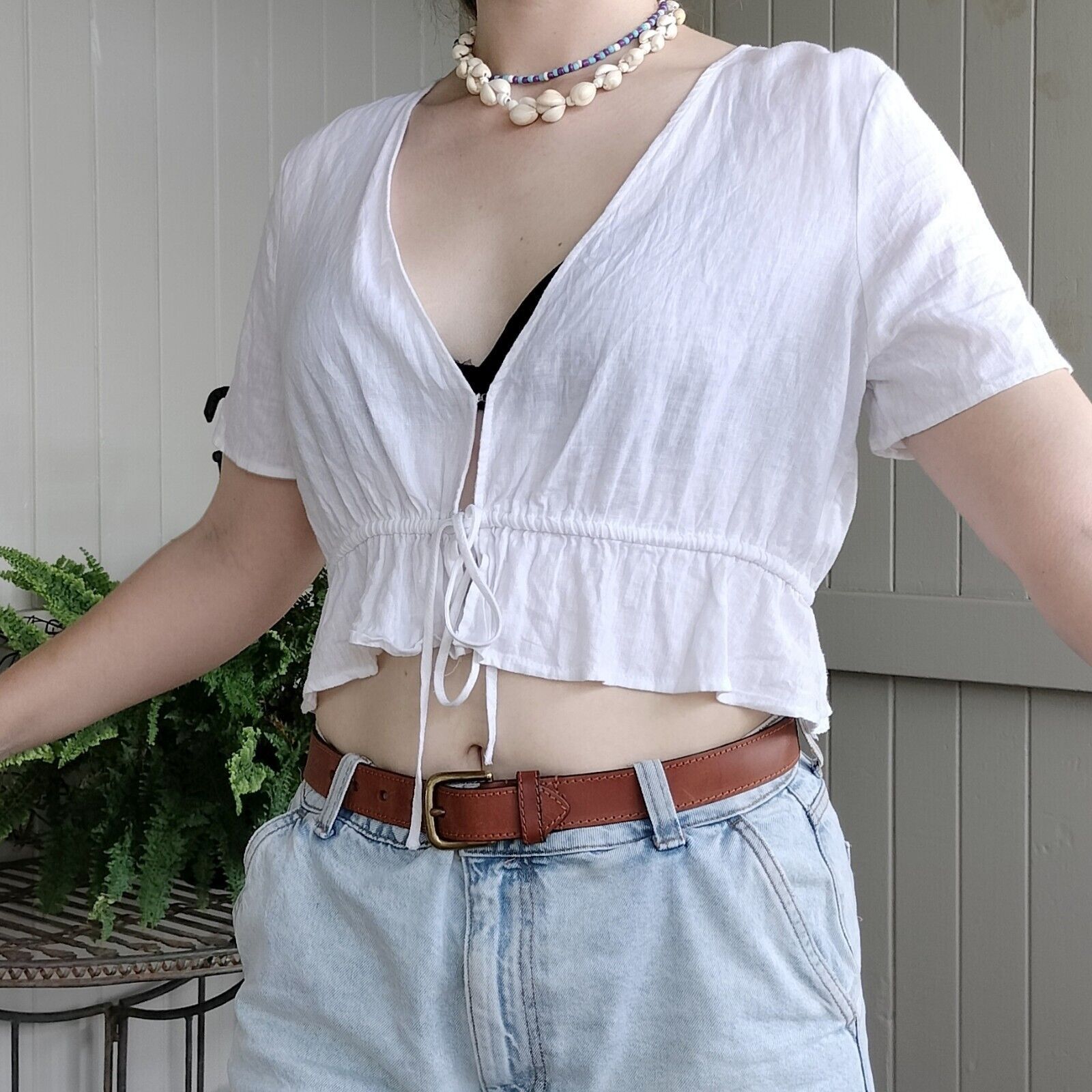 Other Glassons Top White Short Sleeve Crop Linen Gauze Festival Size M / US 6-8 / IT 42-44 - 3 Thumbnail