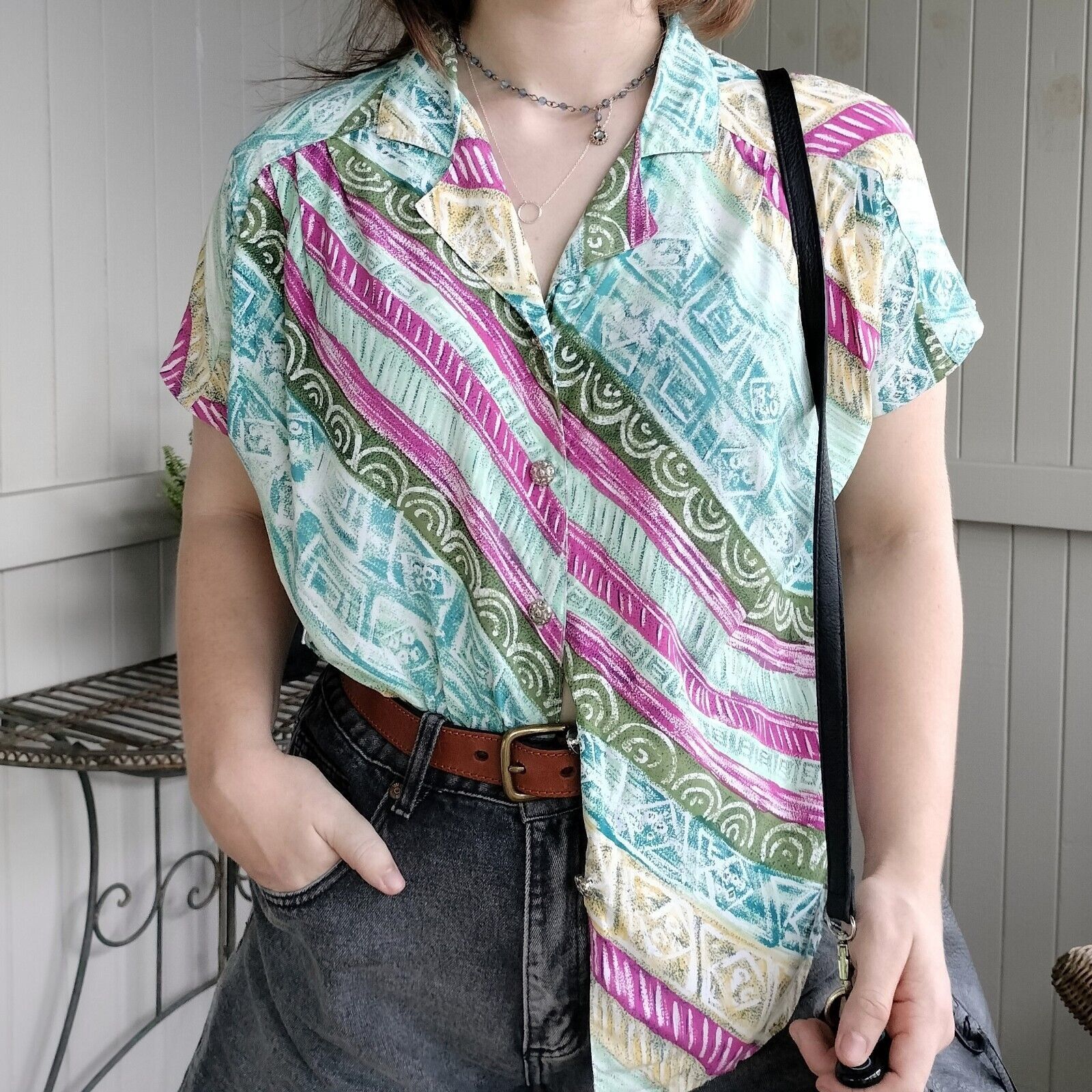 Man Made In Australia Vintage 80s Button Up Short Sleeve Blouse Top Size M / US 6-8 / IT 42-44 - 1 Thumbnail