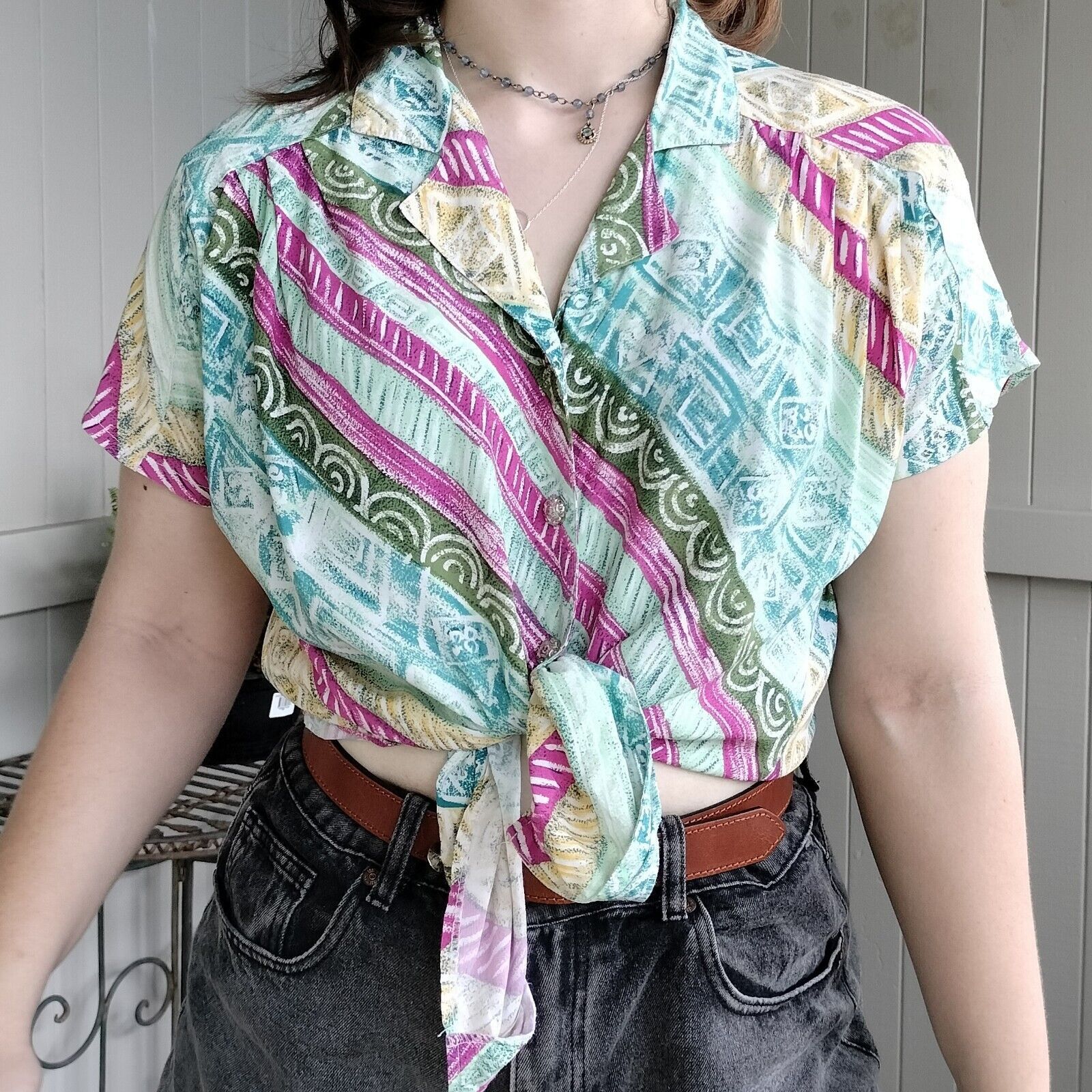 Man Made In Australia Vintage 80s Button Up Short Sleeve Blouse Top Size M / US 6-8 / IT 42-44 - 2 Thumbnail