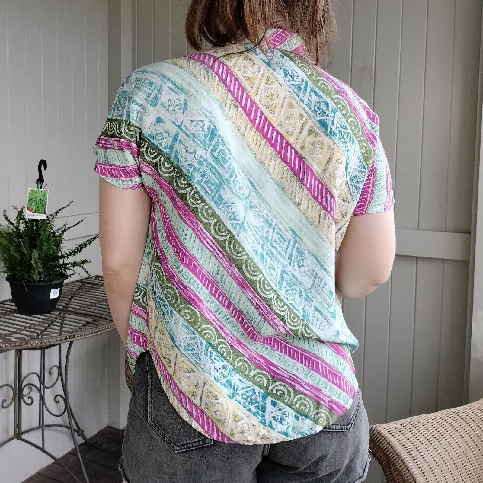 Man Made In Australia Vintage 80s Button Up Short Sleeve Blouse Top Size M / US 6-8 / IT 42-44 - 3 Thumbnail