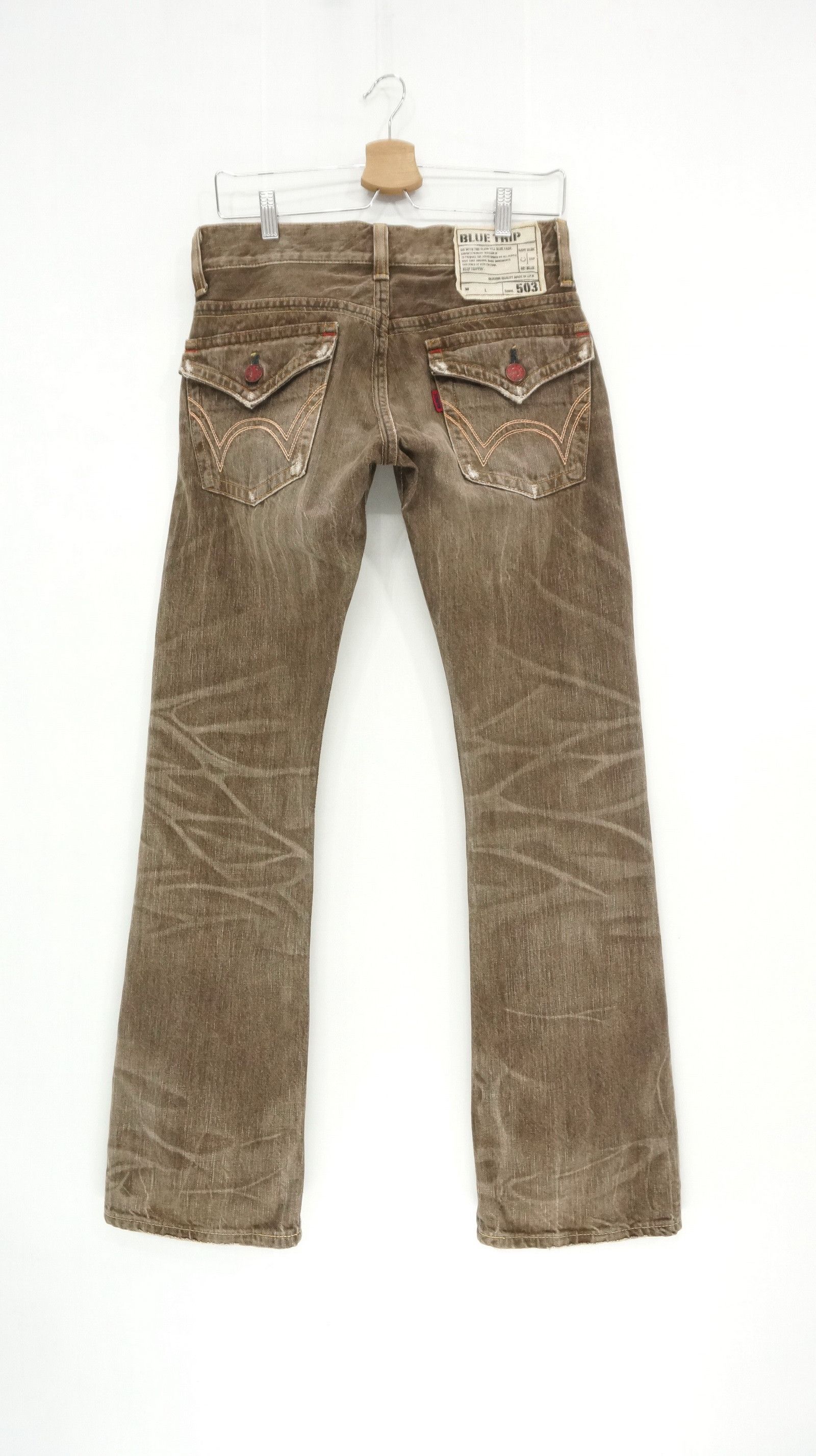 image of Distressed Denim x Edwin Flare Vintage Edwin 503 Japan Distressed Brown Jeans W30, Men's