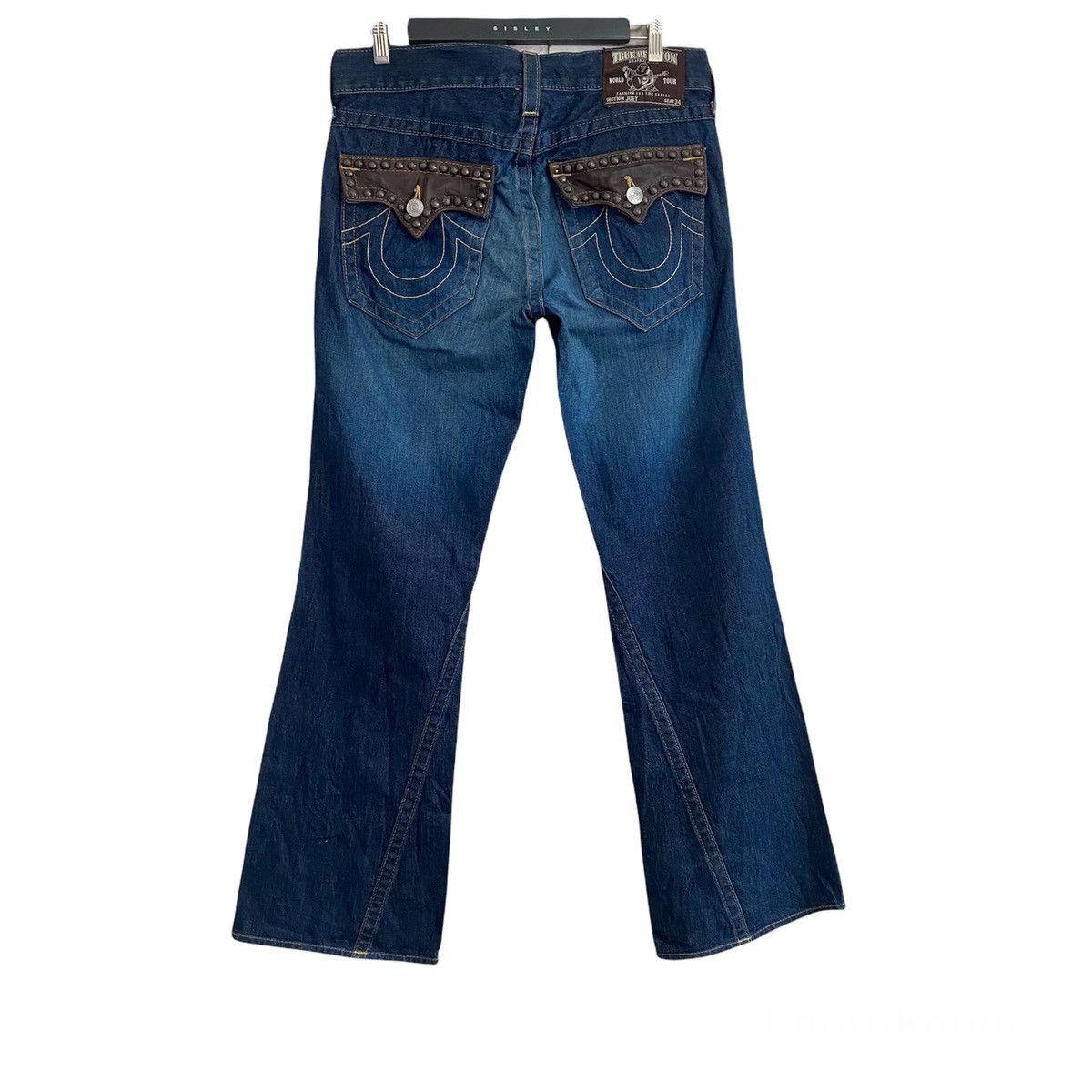 image of Vintage True Religion Denim Flare Jeans Leather Flap in Blue, Men's (Size 31)