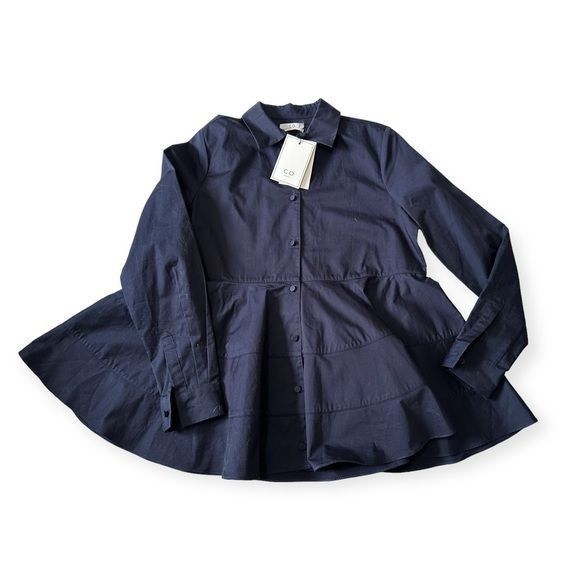 CO NWT CO Navy Blue Tiered Button Down Cotton Shirt, Size M Size M / US 6-8 / IT 42-44 - 7 Thumbnail