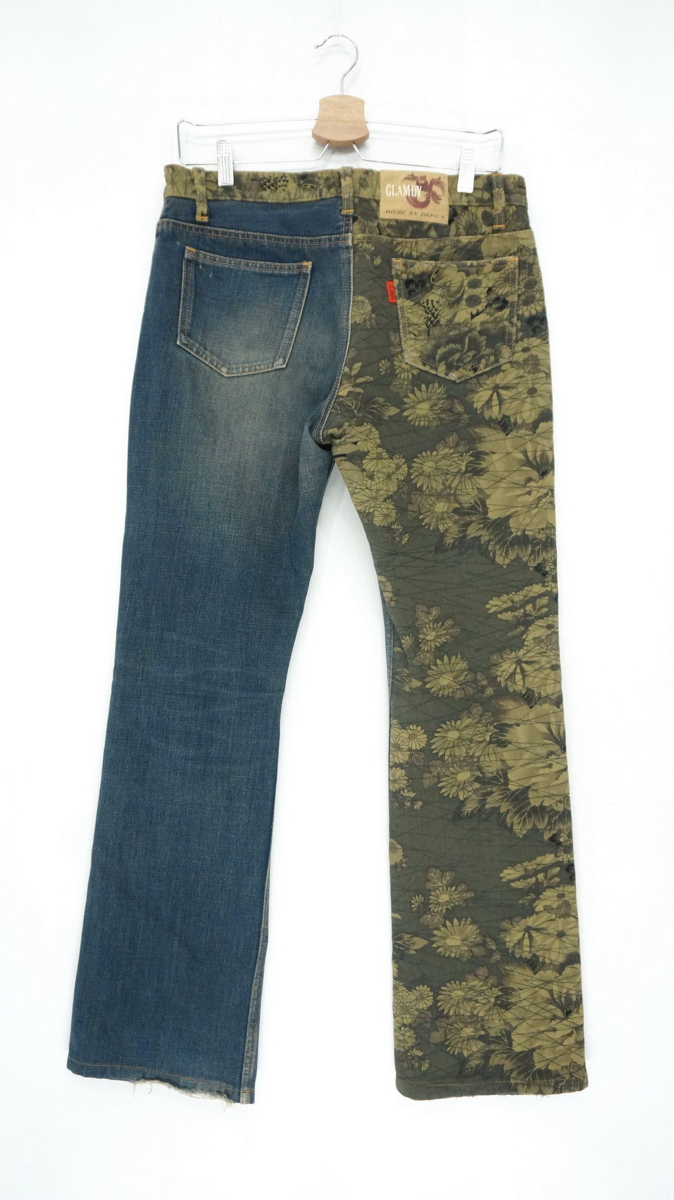 image of Designer VTG Japan Glamdy Shortrise Quilted Slim Worn Denim in Browned Off Blue Denim Mix Floral (S