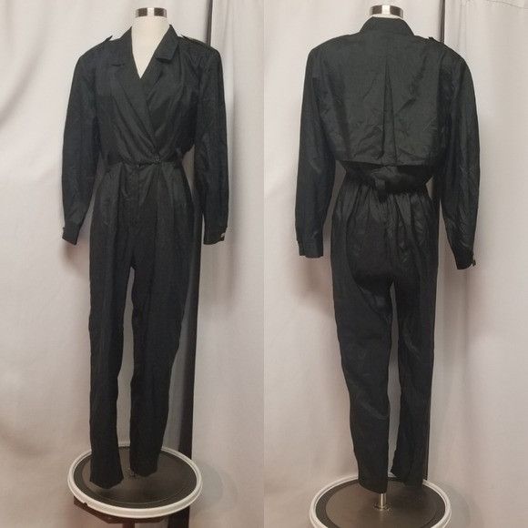 Vintage 80s Retro Black Poly Satin USA Utility Fashion Jumps