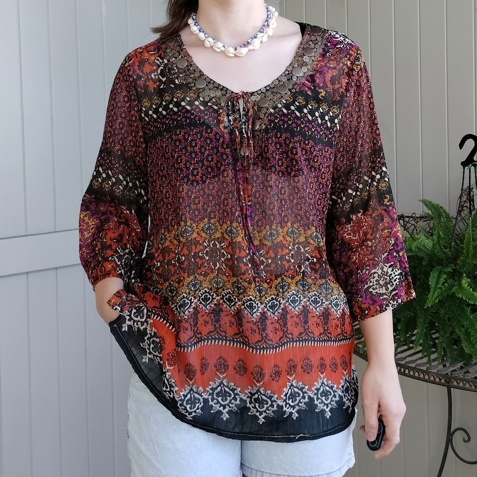 Vintage Vintage 80s 90s Top Blouse Metallic Beaded Embellished Size L / US 10 / IT 46 - 3 Thumbnail