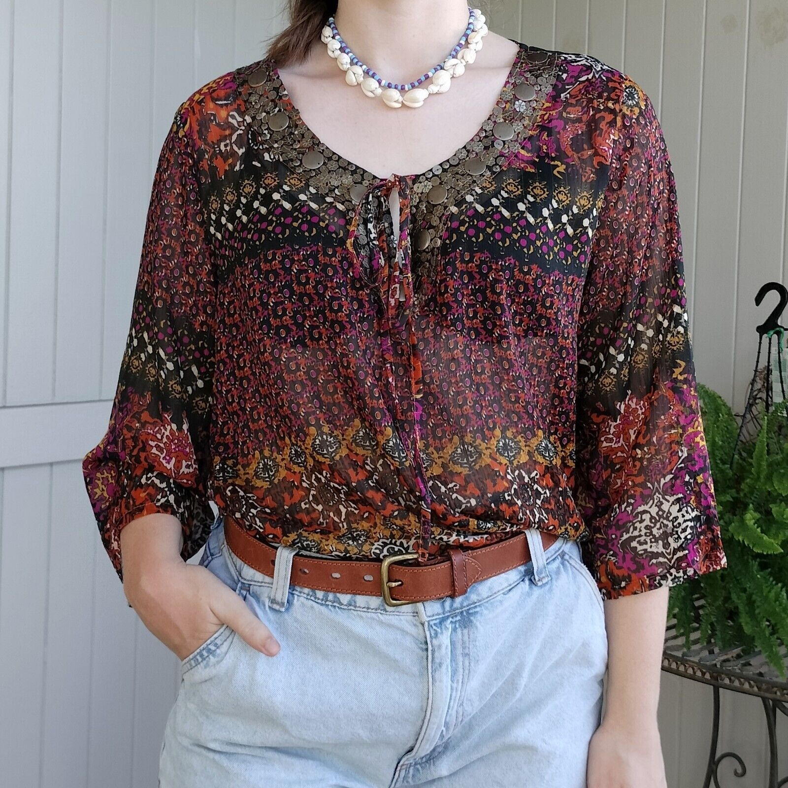 Vintage Vintage 80s 90s Top Blouse Metallic Beaded Embellished Size L / US 10 / IT 46 - 2 Thumbnail