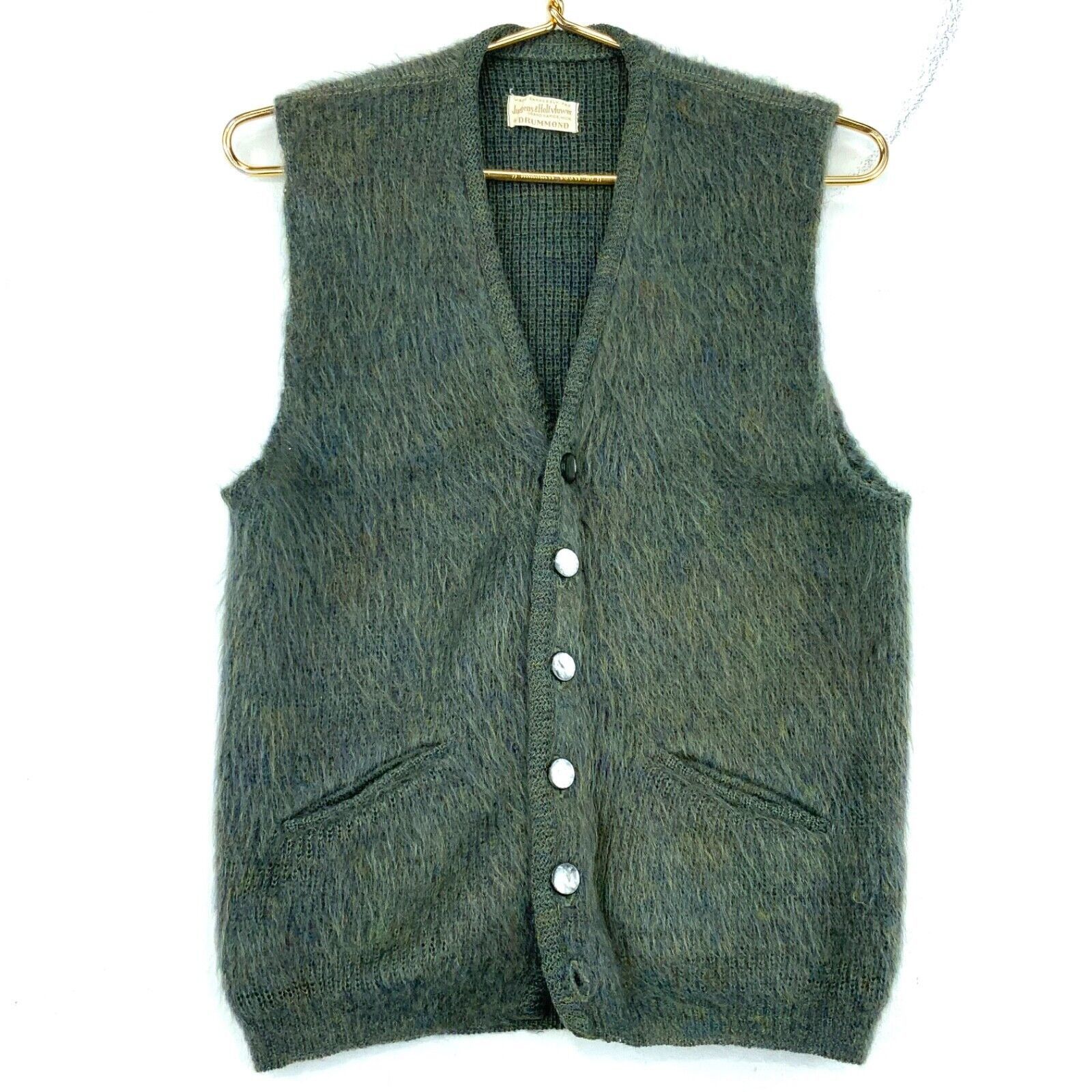 Cardigan Homme Vintage Drummond Années 70 - Mohair/laine, Vert, Taille M, Occasion