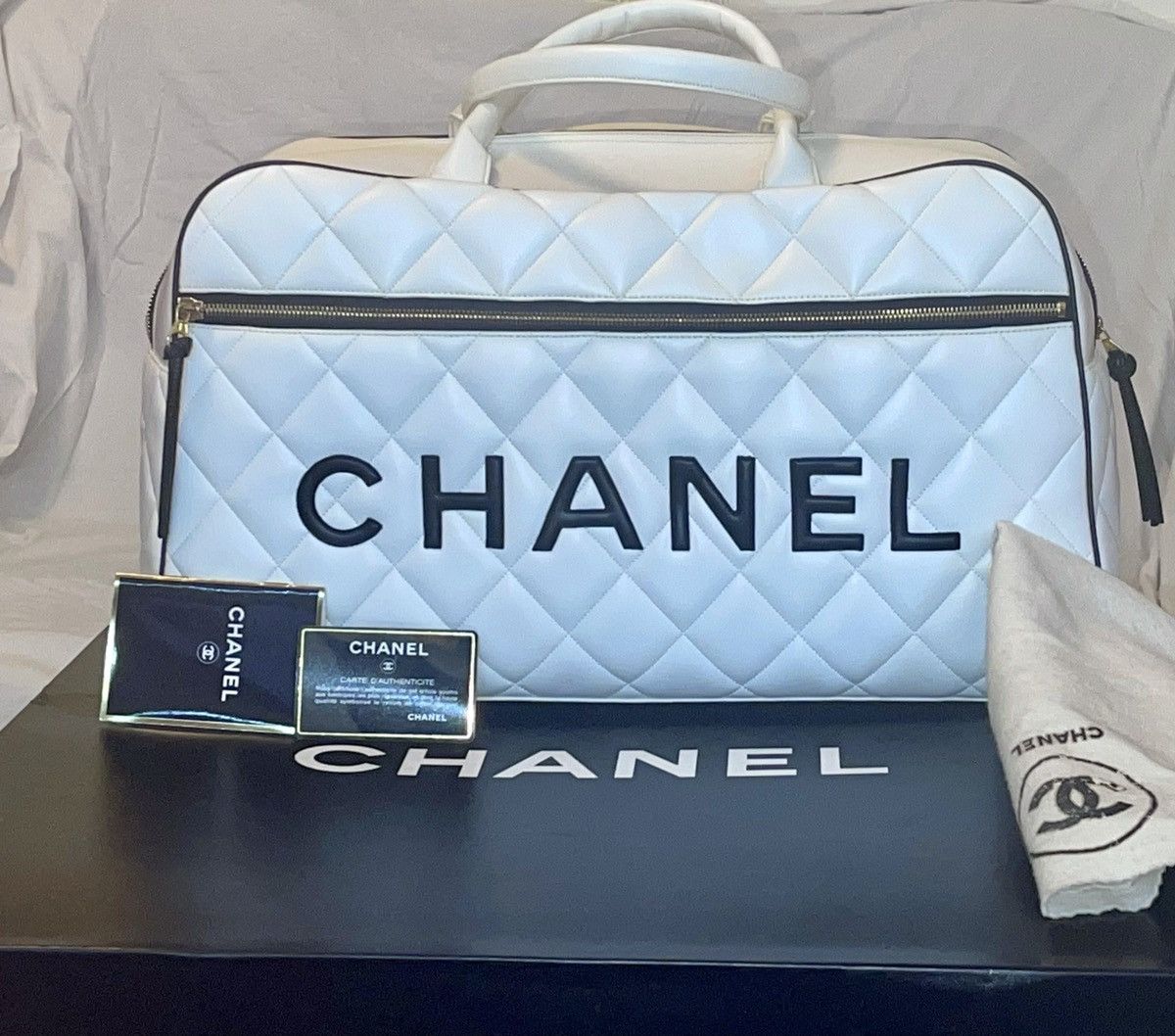 Chanel white Quilted Lambskin Leather Boston Travel Bag
